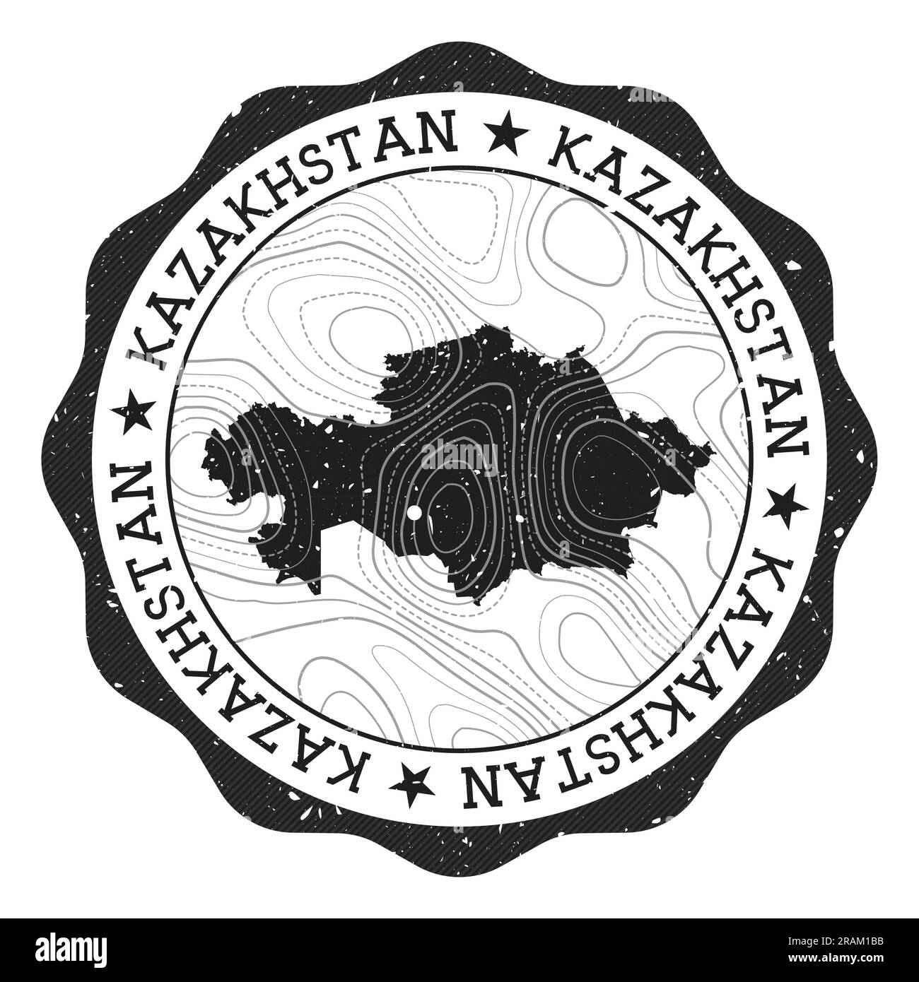 Francobollo all'aperto Kazakistan. Adesivo rotondo con mappa del paese con isoline topografiche. Illustrazione vettoriale. Illustrazione Vettoriale