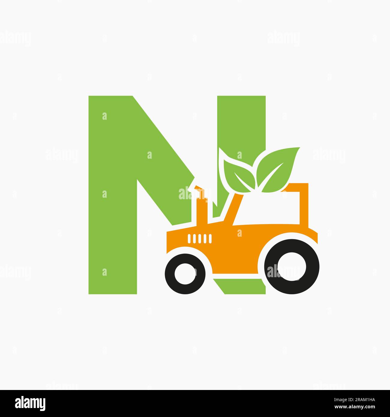 Concetto di logo agricolo Letter N con icona trattore modello vettoriale. Simbolo Eco Farm Illustrazione Vettoriale