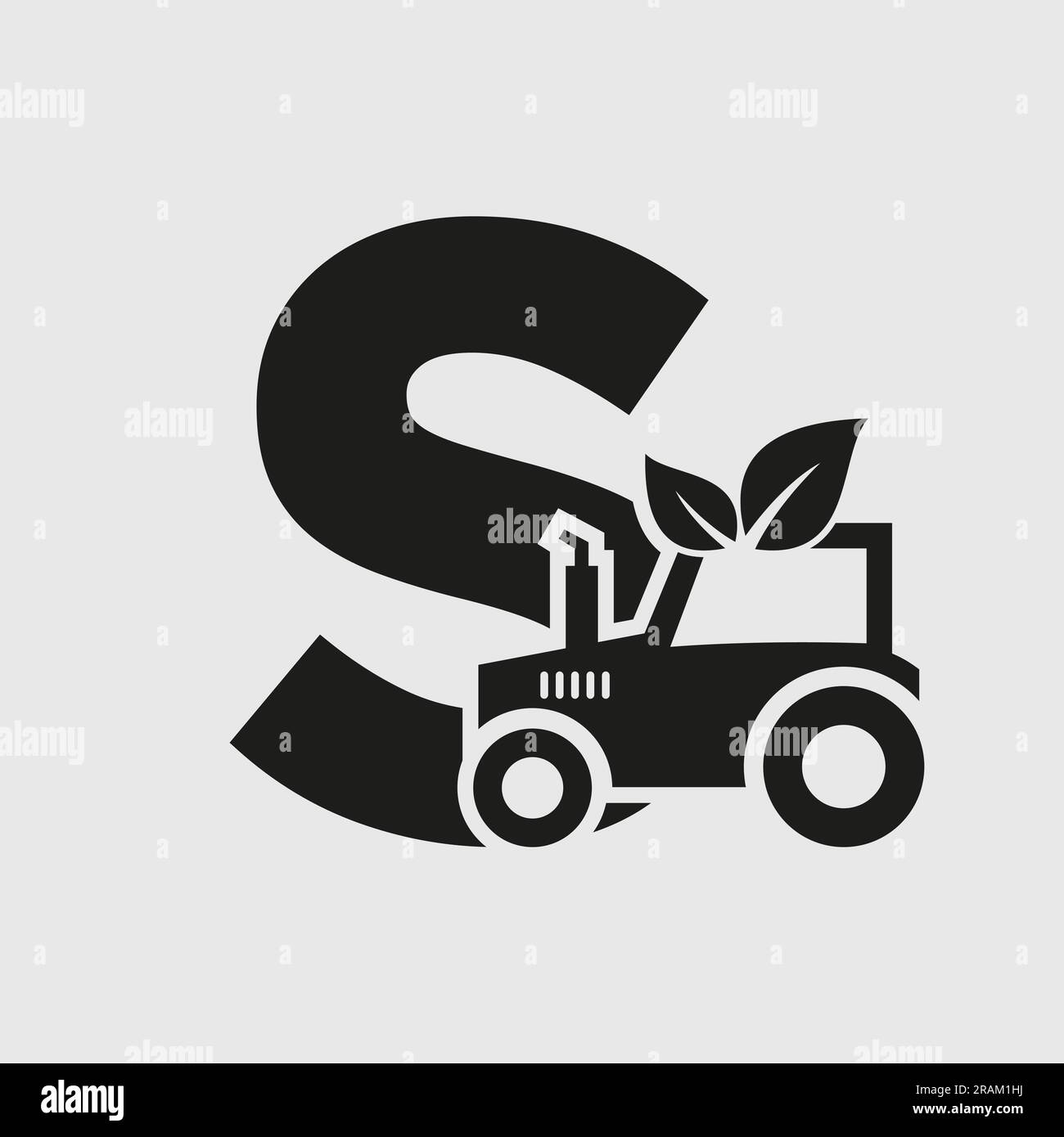 Concetto di logo agricolo Letter S con icona trattore modello vettoriale. Simbolo Eco Farm Illustrazione Vettoriale