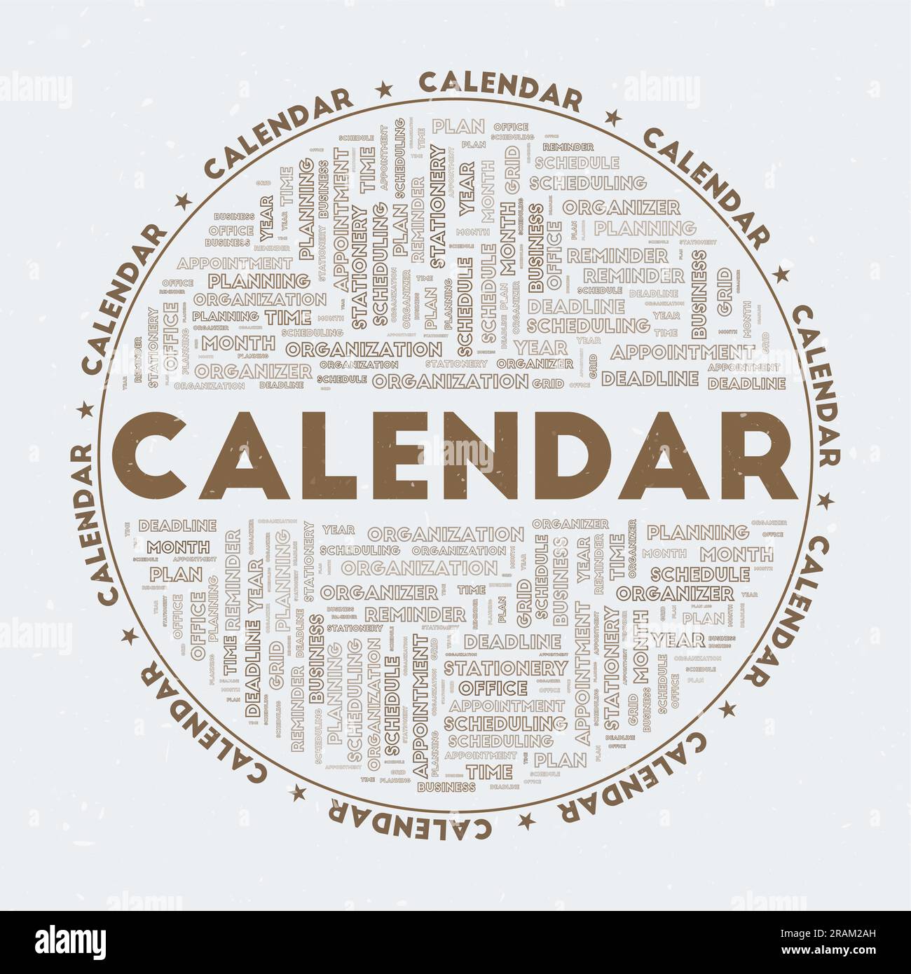 Calendario - badge rotondo. Calendario di testo con parole chiave nuvole di parole e testo circolare. Tema colore della grotta Man e texture grunge. Illustrazione Vettoriale