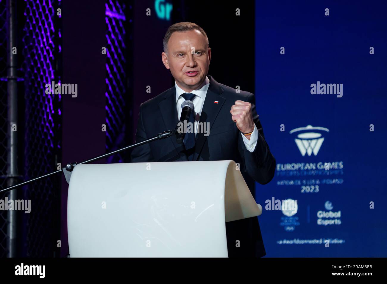 Andrzej Duda, presidente della Repubblica di Polonia, interviene durante la cerimonia di apertura ai Campionati europei di eSport 2023 Foto Stock