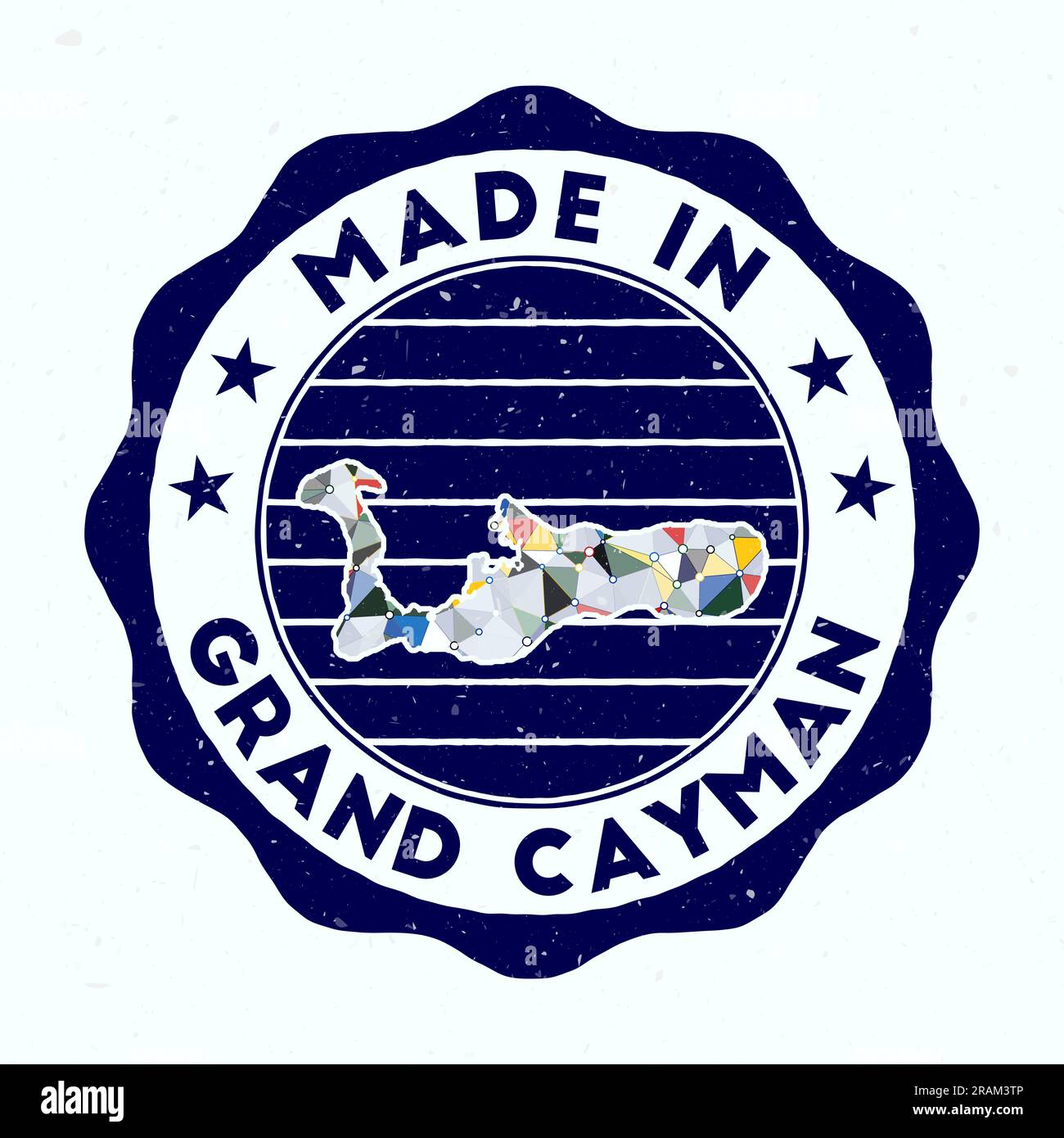 Prodotto a Grand Cayman. Francobollo rotondo dell'isola. Sigillo di Grand Cayman con forma a bordo. Badge vintage con testo circolare e stelle. Illustrazione vettoriale. Illustrazione Vettoriale