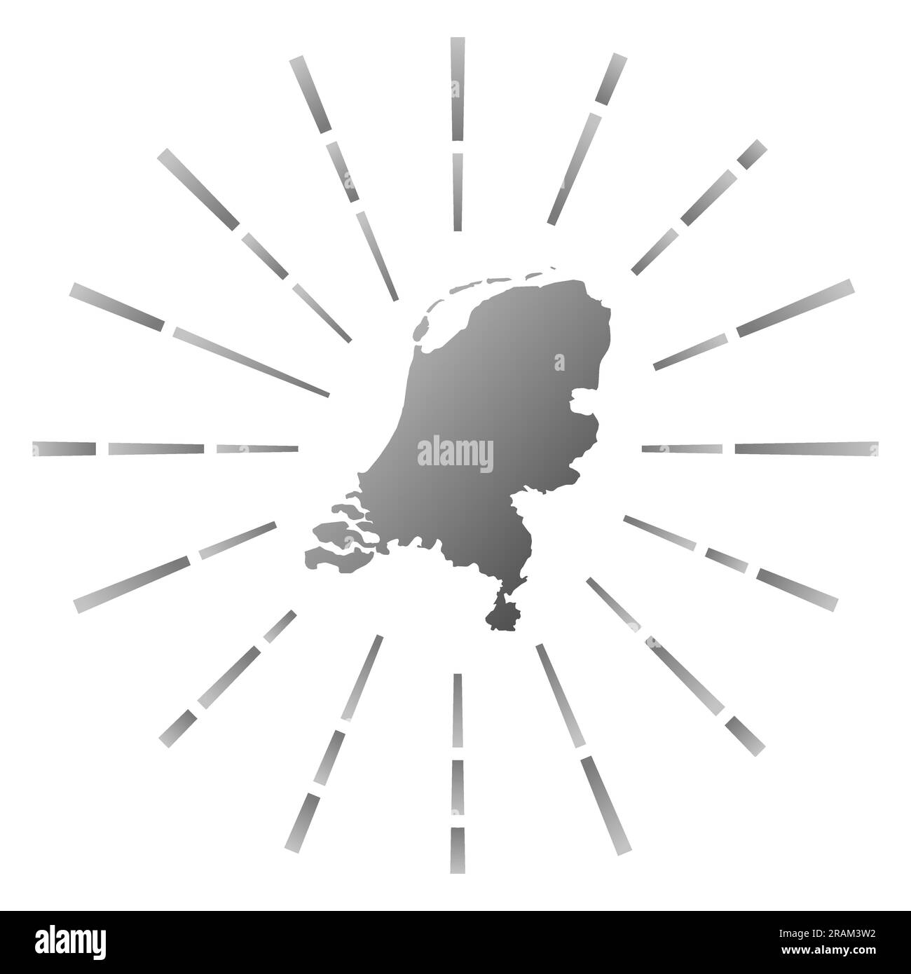 Esplosione solare gradiente nei Paesi Bassi. Mappa del paese con colorate razze stellari. Illustrazione dei Paesi Bassi in digitale, tecnologia, Internet, stile di rete. Illustrazione Vettoriale