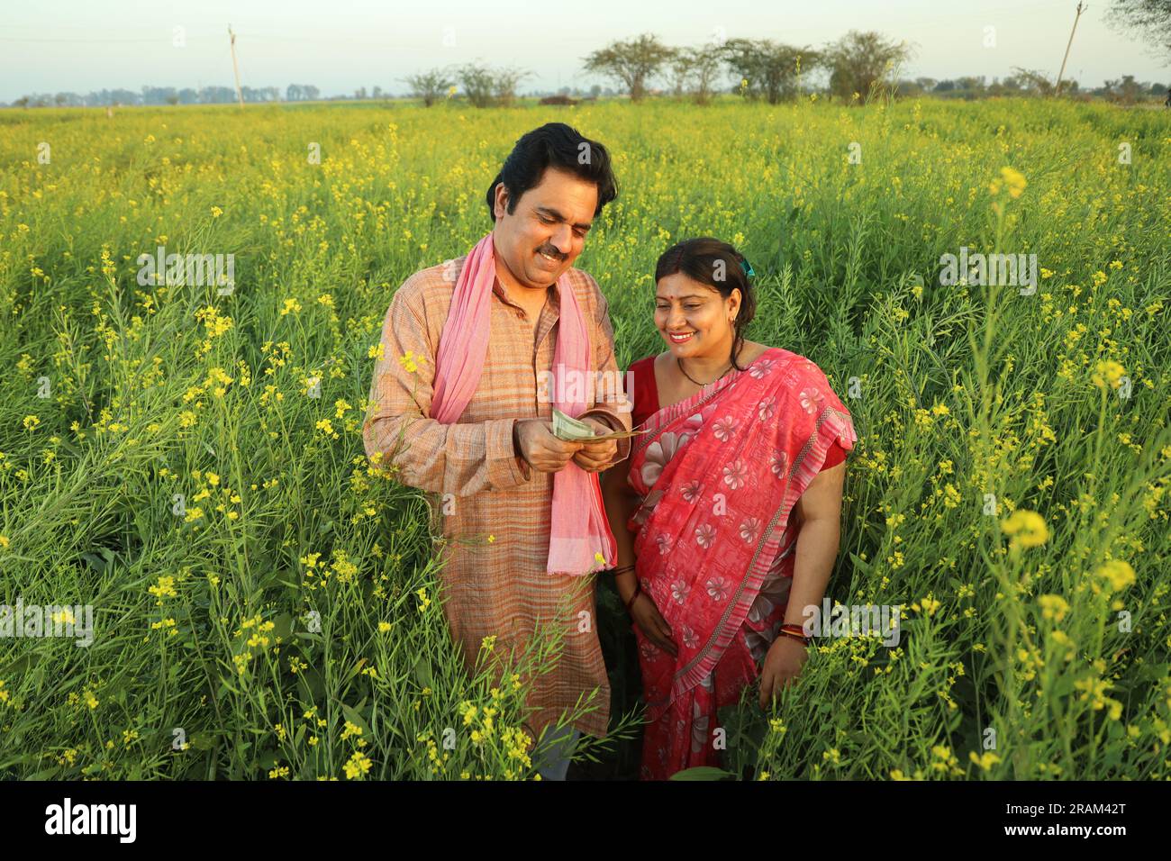 Felice coppia di agricoltori indiani in piedi in campo di senape godendo dei profitti agricoli. Soldi in mano. Sono felice di ottenere benefici dai raccolti di senape. Foto Stock