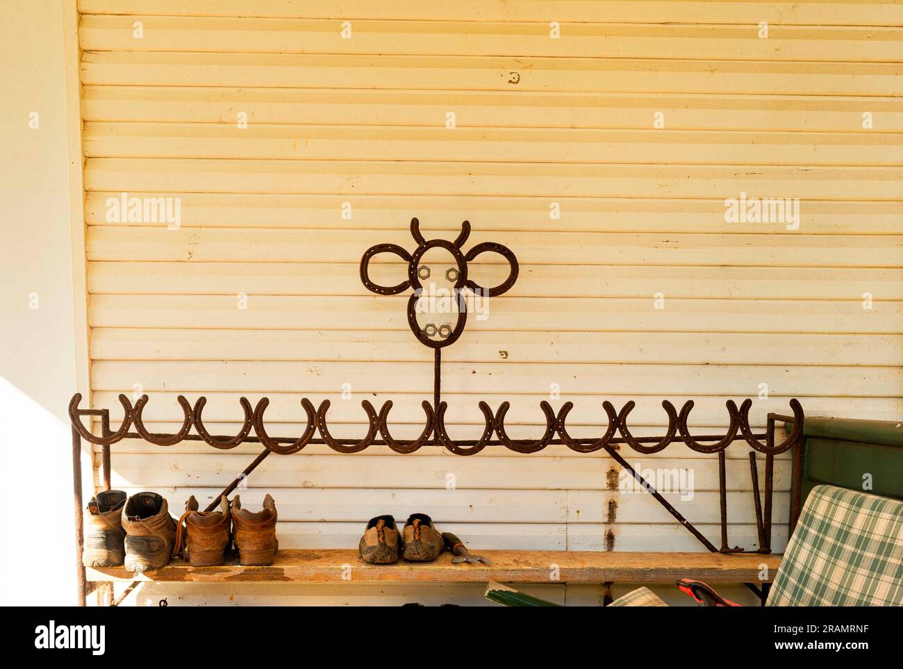 Scaffale decorativo di scarpe in ferro di cavallo a forma di testa di mucca, Brunette Downs Homestead, Barkly Tablelands, Northern Territory, NT, Australia Foto Stock