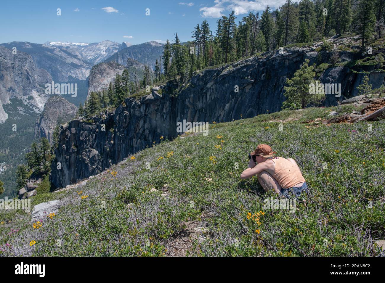 Un'escursionista che fotografa la vista spettacolare di una valle nelle montagne della Sierra Nevada del Parco Nazionale di Yosemite in California. Foto Stock