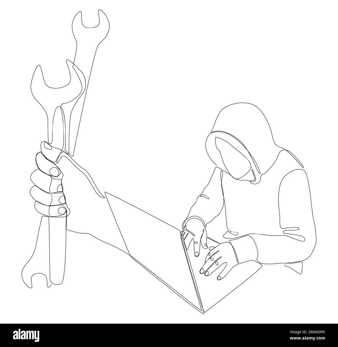 Una linea continua di computer hacker con laptop e chiave. Concetto vettoriale illustrazione a linee sottili. Idee creative per disegnare contorni. Illustrazione Vettoriale