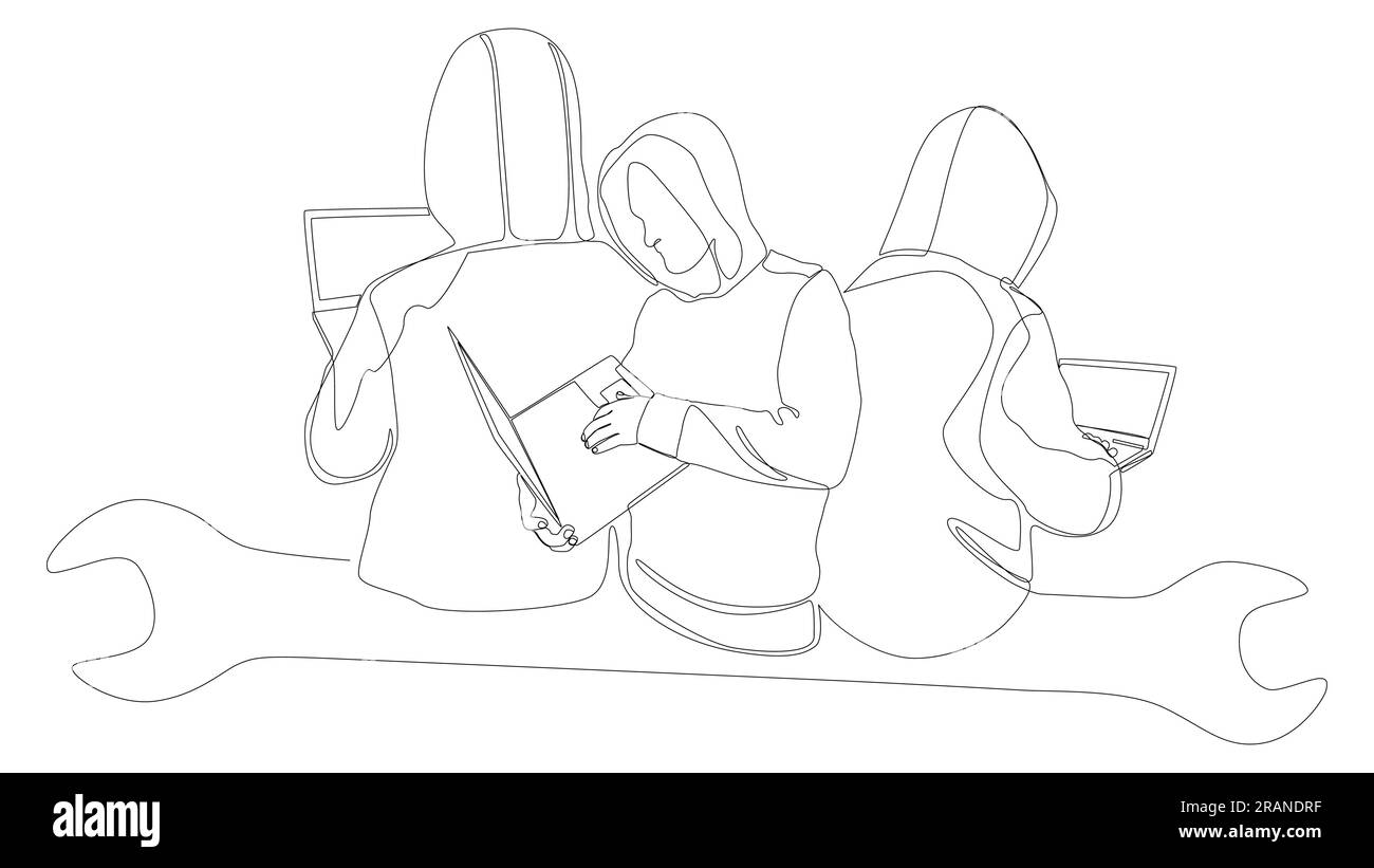 Una linea continua di computer hacker con laptop e chiave. Concetto vettoriale illustrazione a linee sottili. Idee creative per disegnare contorni. Illustrazione Vettoriale