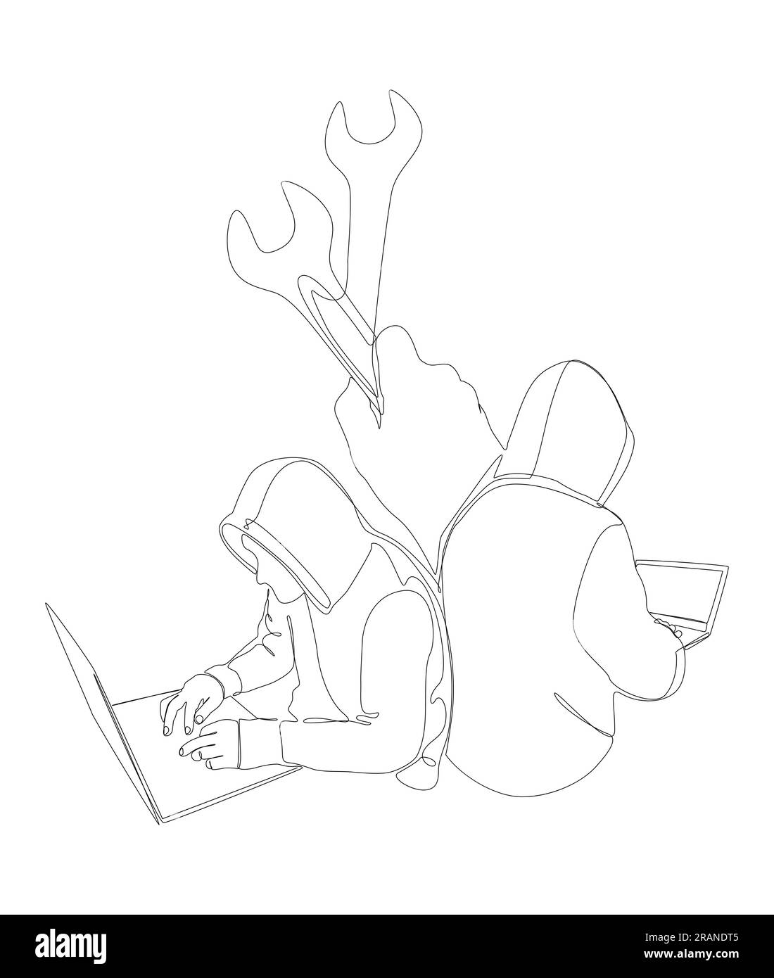 Una linea continua di computer hacker con laptop e chiave. Concetto vettoriale illustrazione a linee sottili. Idee creative per disegnare contorni. Illustrazione Vettoriale