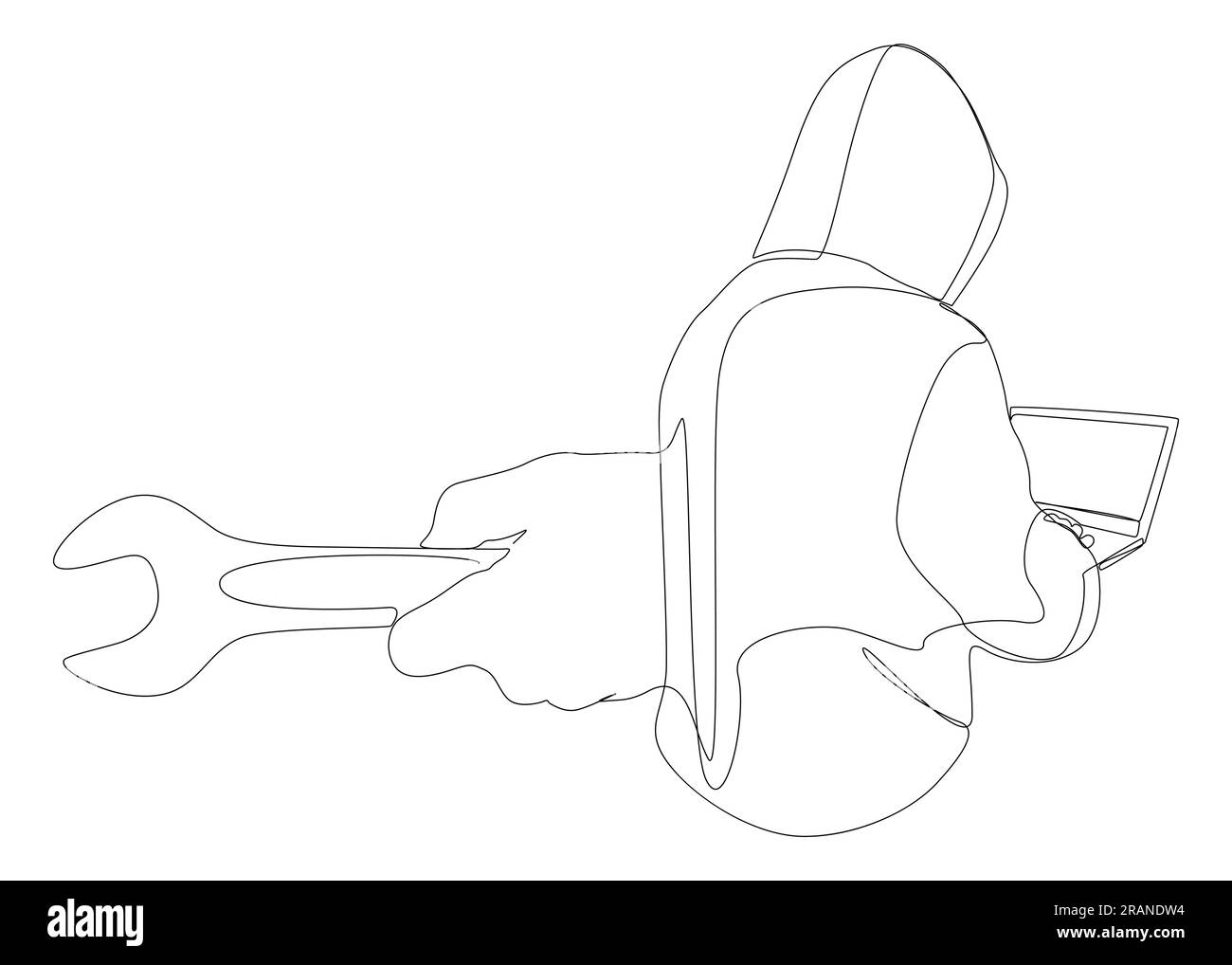 Una linea continua di computer hacker con laptop e chiave. Concetto vettoriale illustrazione a linee sottili. Idee creative per disegnare contorni. Illustrazione Vettoriale
