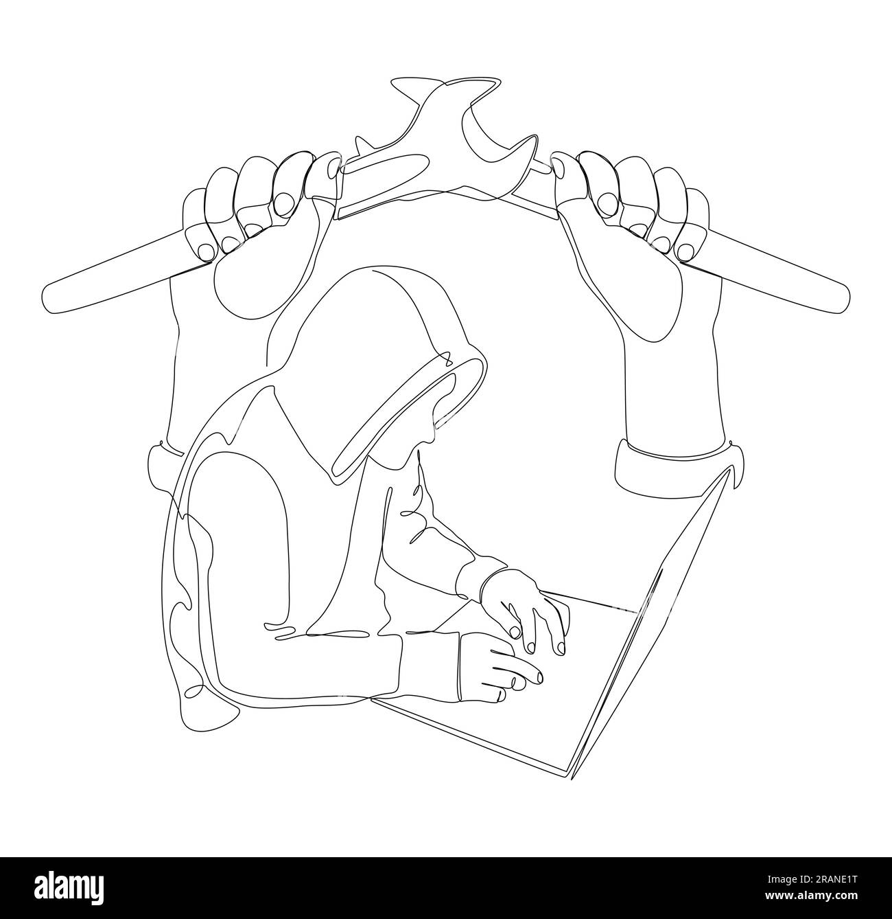 Una linea continua di computer hacker con laptop e chiave. Concetto vettoriale illustrazione a linee sottili. Idee creative per disegnare contorni. Illustrazione Vettoriale