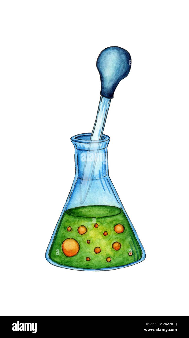 Illustrazione ad acquerello di un matraccio triangolare con liquido verde e bolle gialle all'interno e una pipetta. Utilizzando matracci in vetro per analisi chimiche o. Foto Stock