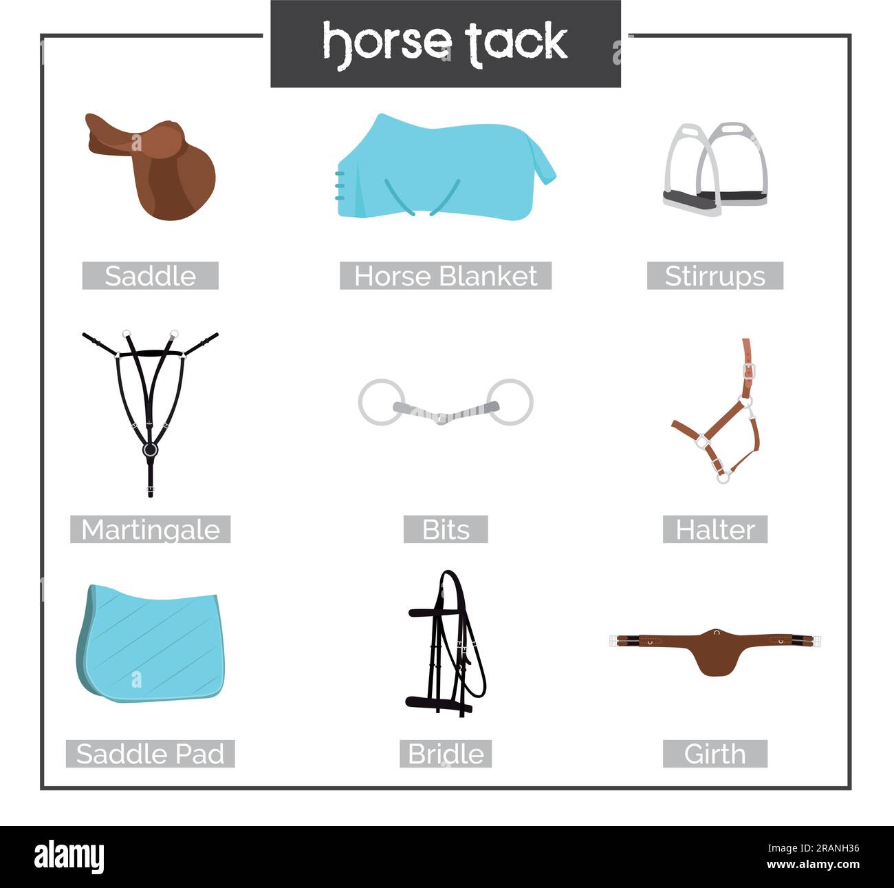 Illustrazione dell'imbracatura per cavalli. Attrezzature per cavalli. Illustrazione di una virata del cavallo. Munizioni per cavalli sella, staffe, coperta per cavalli, martingala, punte Illustrazione Vettoriale