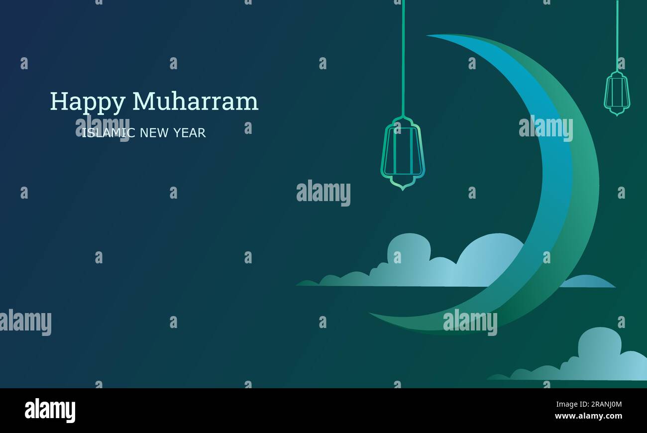 Banner Happy Muharram a forma di luna e nuvola. Sfondo del festival di design islamico. Biglietto d'auguri per il nuovo anno islamico. Festa dell'anno Hijri. Illustrazione Vettoriale