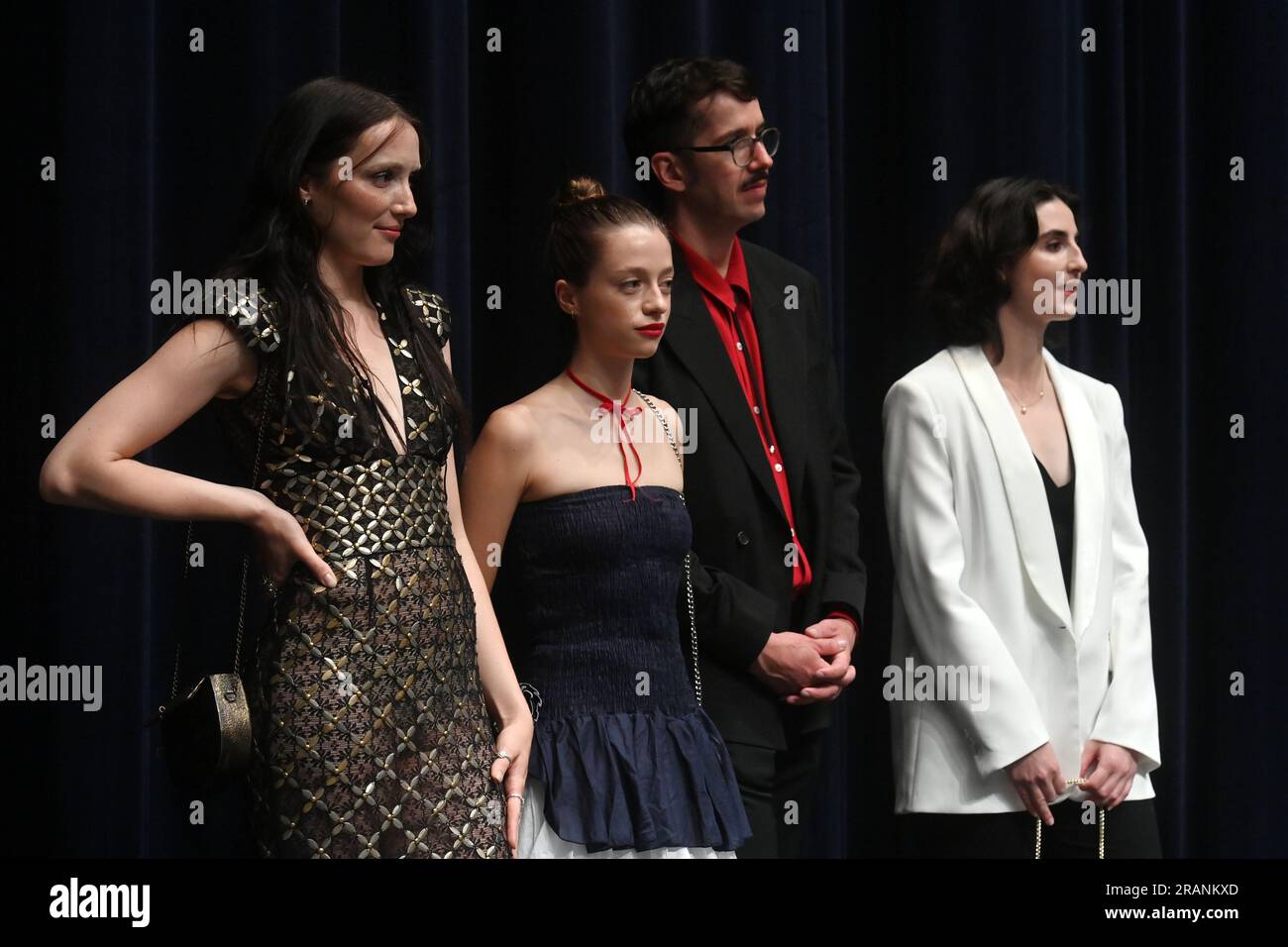 Karlovy Vary, Repubblica Ceca. 4 luglio 2023. L-R l'attrice Juliette Gariepy, Laurie Babin, il cameraman Vincent Biron e il produttore Dominique Dussault presentano il film Les Chambres rouges (Red Rooms) durante il 57° Karlovy Vary International Film Festival (KVIFF), il 4 luglio 2023, a Karlovy Vary, Repubblica Ceca. Crediti: Slavomir Kubes/CTK Photo/Alamy Live News Foto Stock