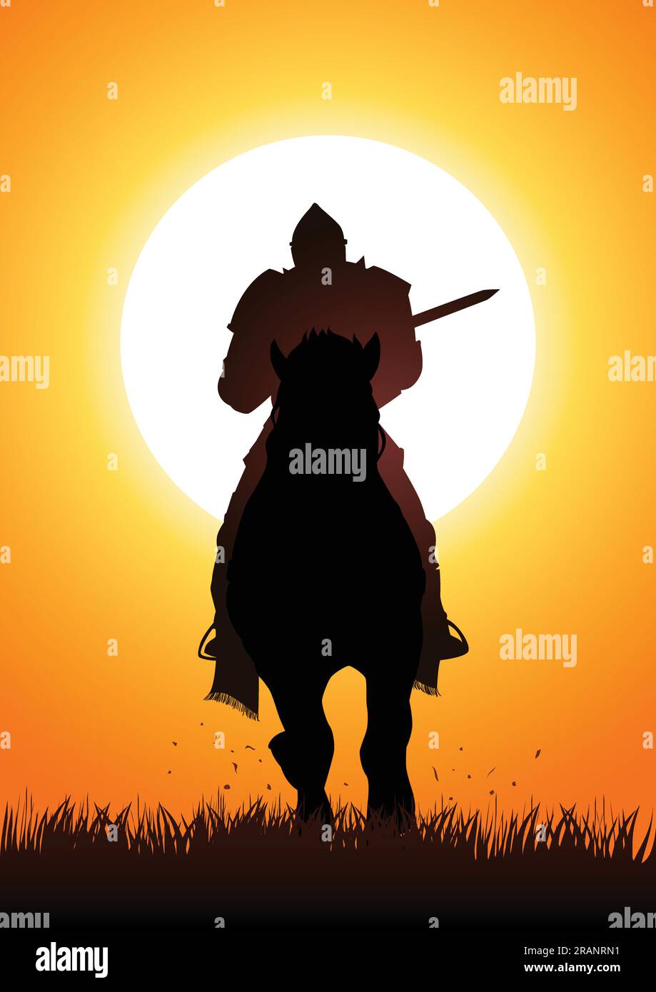 Silhouette di un cavaliere medievale a cavallo che porta una lancia Illustrazione Vettoriale