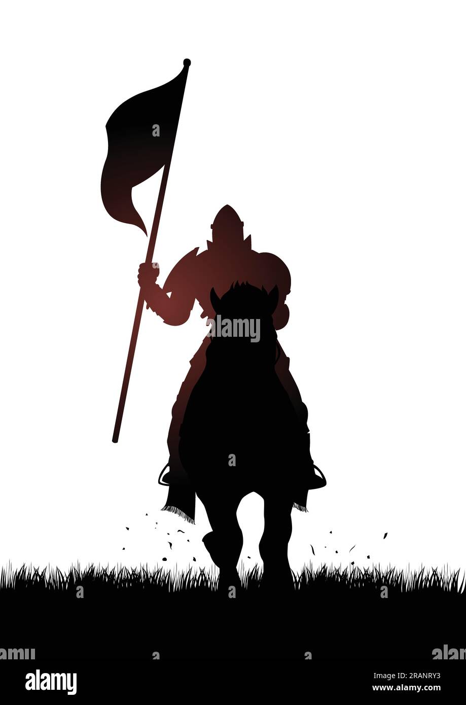 Silhouette di un cavaliere medievale a cavallo che porta una bandiera Illustrazione Vettoriale