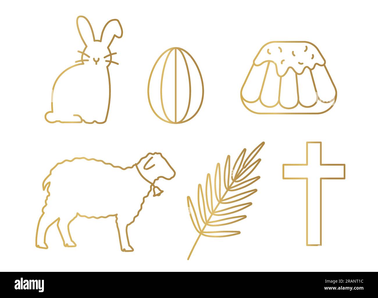 Set d'oro di icone relative alla Pasqua: coniglietto, uovo, torta, agnello, foglie di palma e illustrazione a vettori incrociati Illustrazione Vettoriale