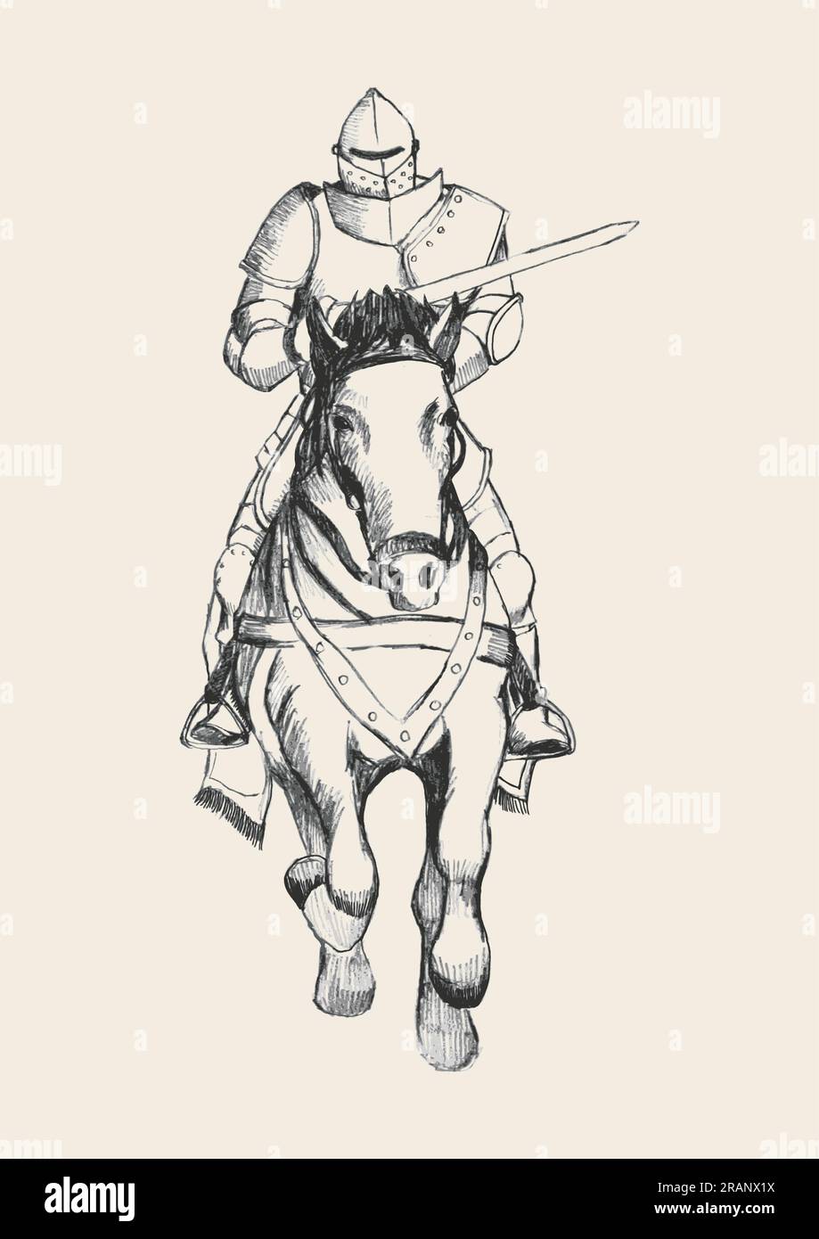 Illustrazione di schizzo di un cavaliere medievale a cavallo che porta una lancia Illustrazione Vettoriale