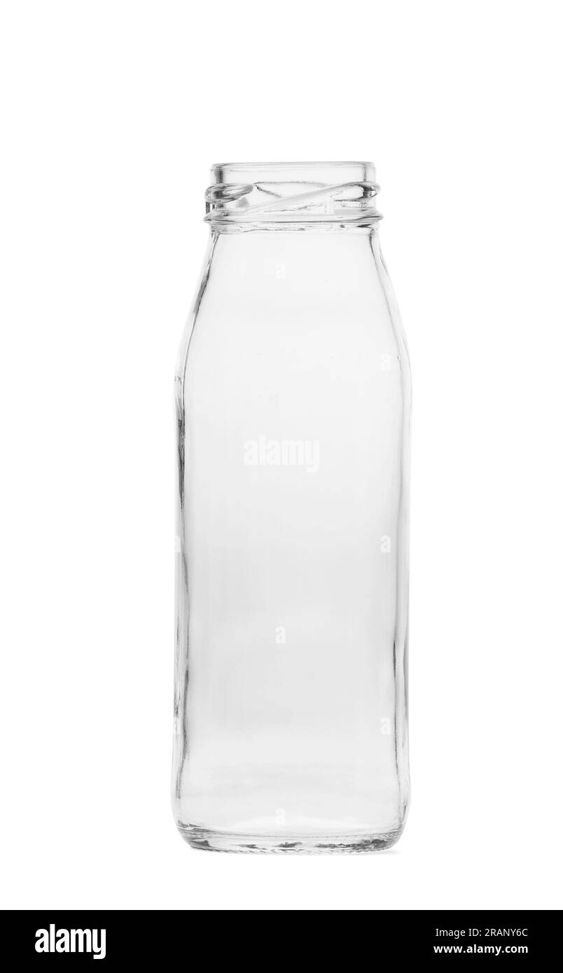 Bottiglia vuota trasparente in vetro per bevande isolate su sfondo bianco. Vetreria per latte, succo di frutta, acqua. Foto Stock