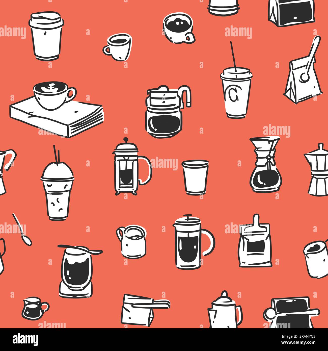 Strumenti da caffè disegnati a mano modello senza cuciture.illustrazioni vettoriali di tendenza per il menu di bar e ristoranti.design di bar disegnati a mano Illustrazione Vettoriale