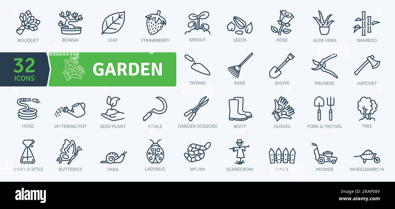 Pacchetto icone giardino. Set di icone a linea sottile. Semplici icone vettoriali Illustrazione Vettoriale