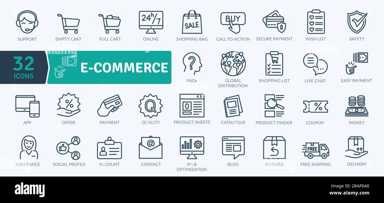 Pacchetto icone e-commerce. Attività commerciali Thin Line e vettoriali Illustrazione Vettoriale
