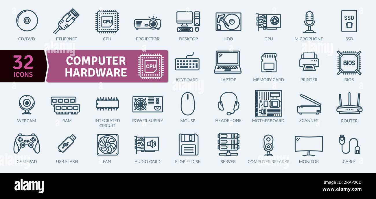 Raccolta di icone hardware e periferiche per computer. Set di icone a linea sottile e semplici icone vettoriali Illustrazione Vettoriale