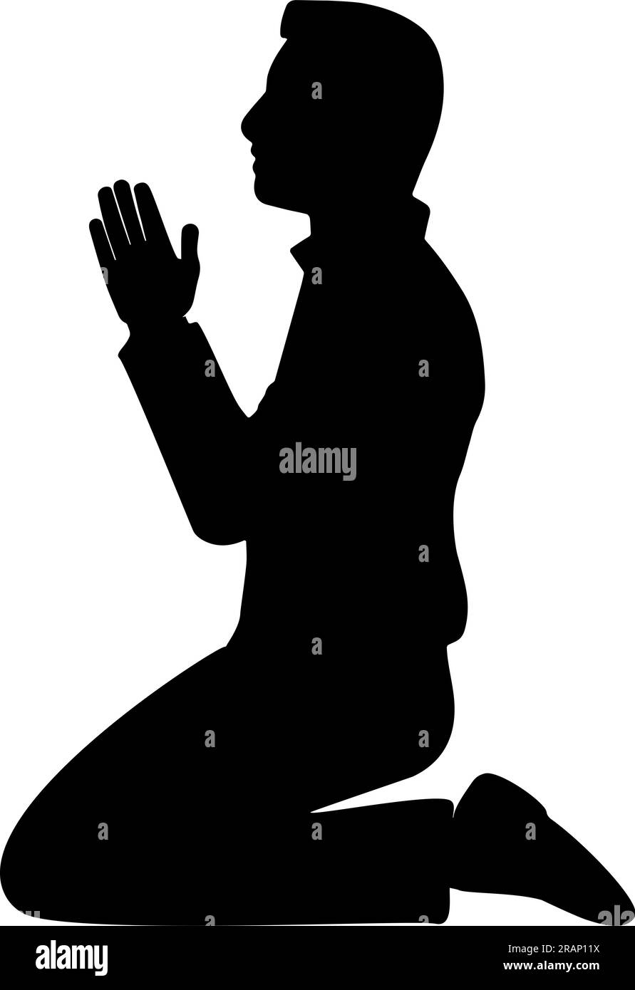 Silhouette di un uomo seduto sulle ginocchia che prega. Vista laterale Illustrazione Vettoriale