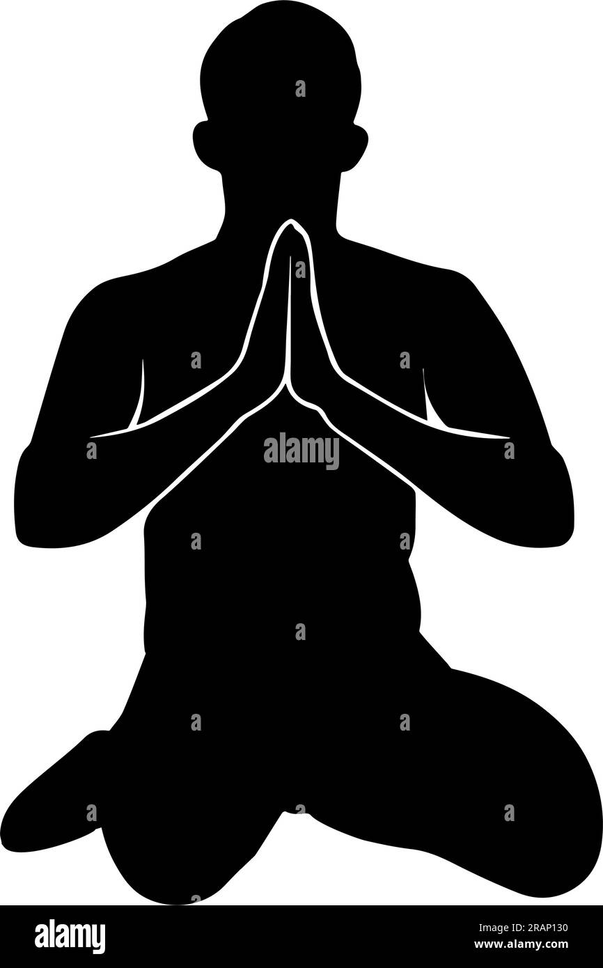 Silhouette di un uomo buddista seduto in ginocchio a pregare. Vista frontale Illustrazione Vettoriale