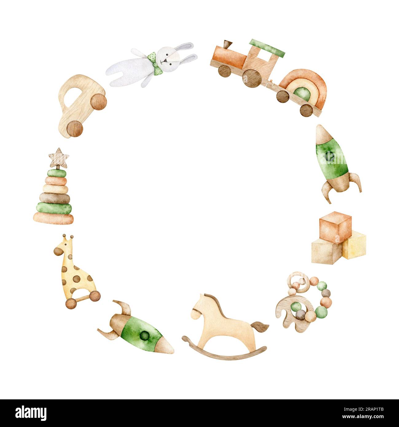 Corona di giocattoli in legno per bambini, giocattoli per dentizione neonati, cavallo a dondolo, razzo, bambola. Cornice per giocattoli per bambini Watercolor Eco. Decorazioni per la nursery. Disegnato a mano Foto Stock