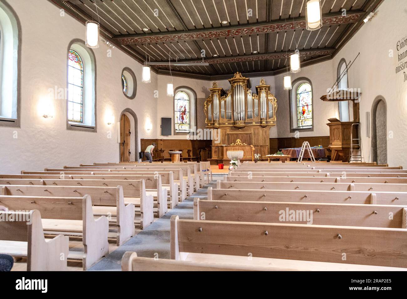 Interno della Chiesa riformata a Grindelwald, Svizzera Foto Stock