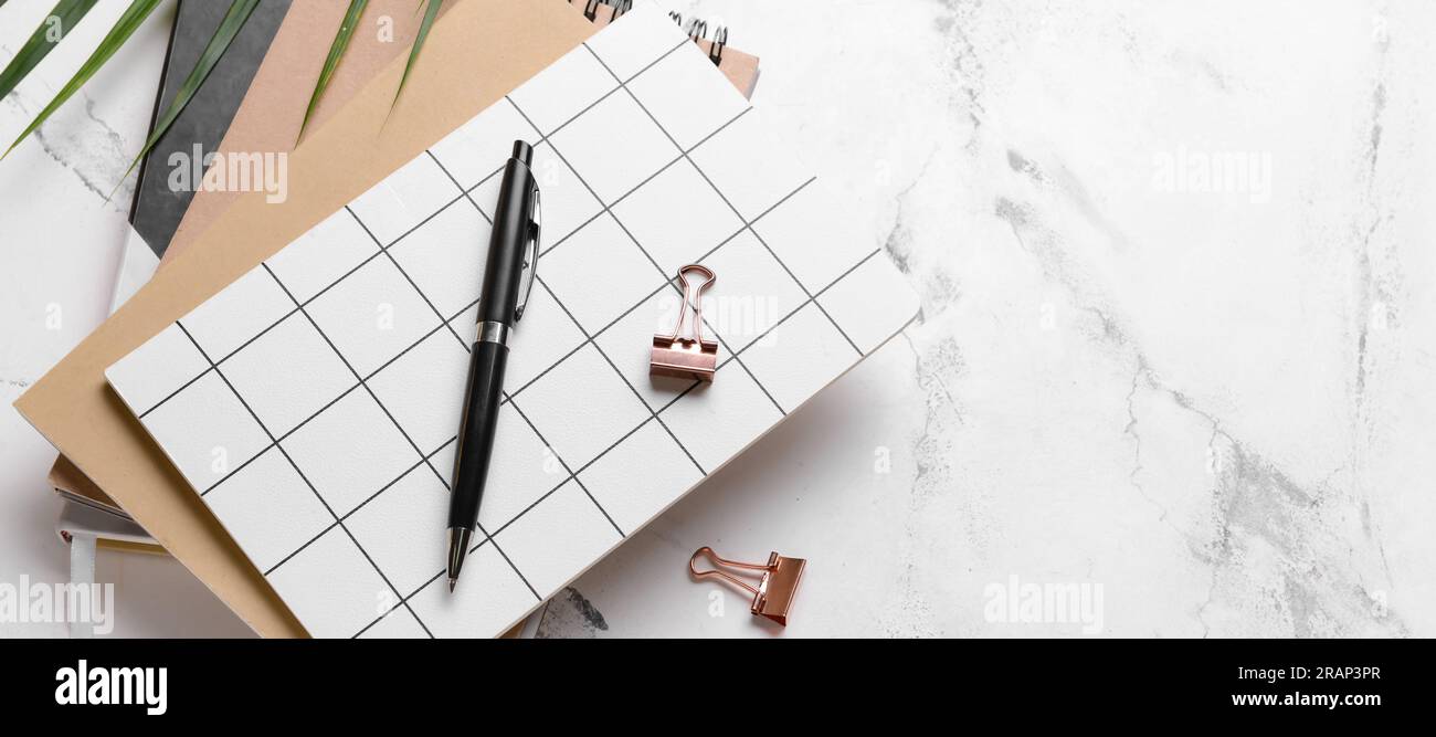 Notebook con penna e rilegatura a clip su sfondo chiaro con spazio per il testo Foto Stock