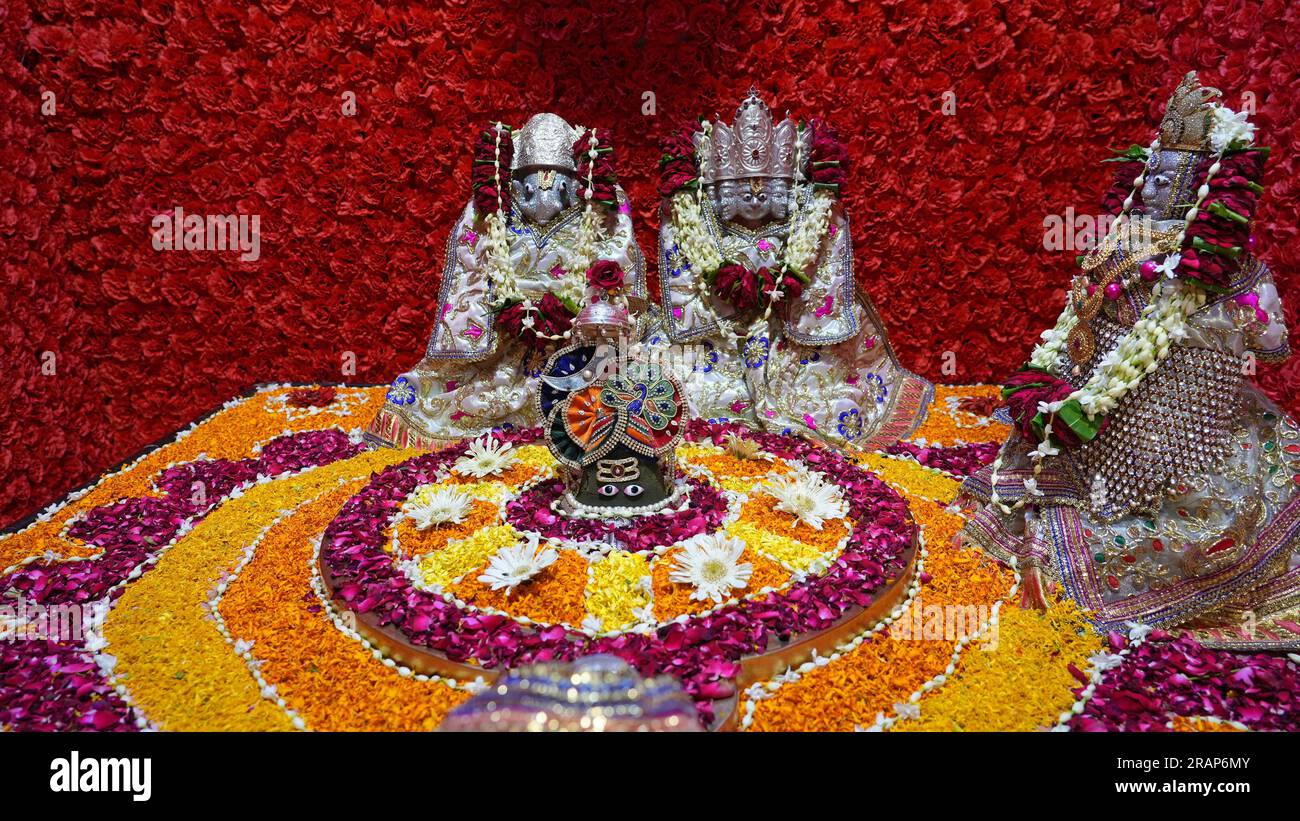 Beawar, Rajasthan, India, 3 luglio 2023: Una scultura in pietra di Lord Shiva decorata con fiori colorati in occasione di Guru Purnima e l'inizio del mese santo di Shravan al tempio Mahadev Chhatri a Beawar. Credito: Sumit Saraswat/Alamy Live News Foto Stock