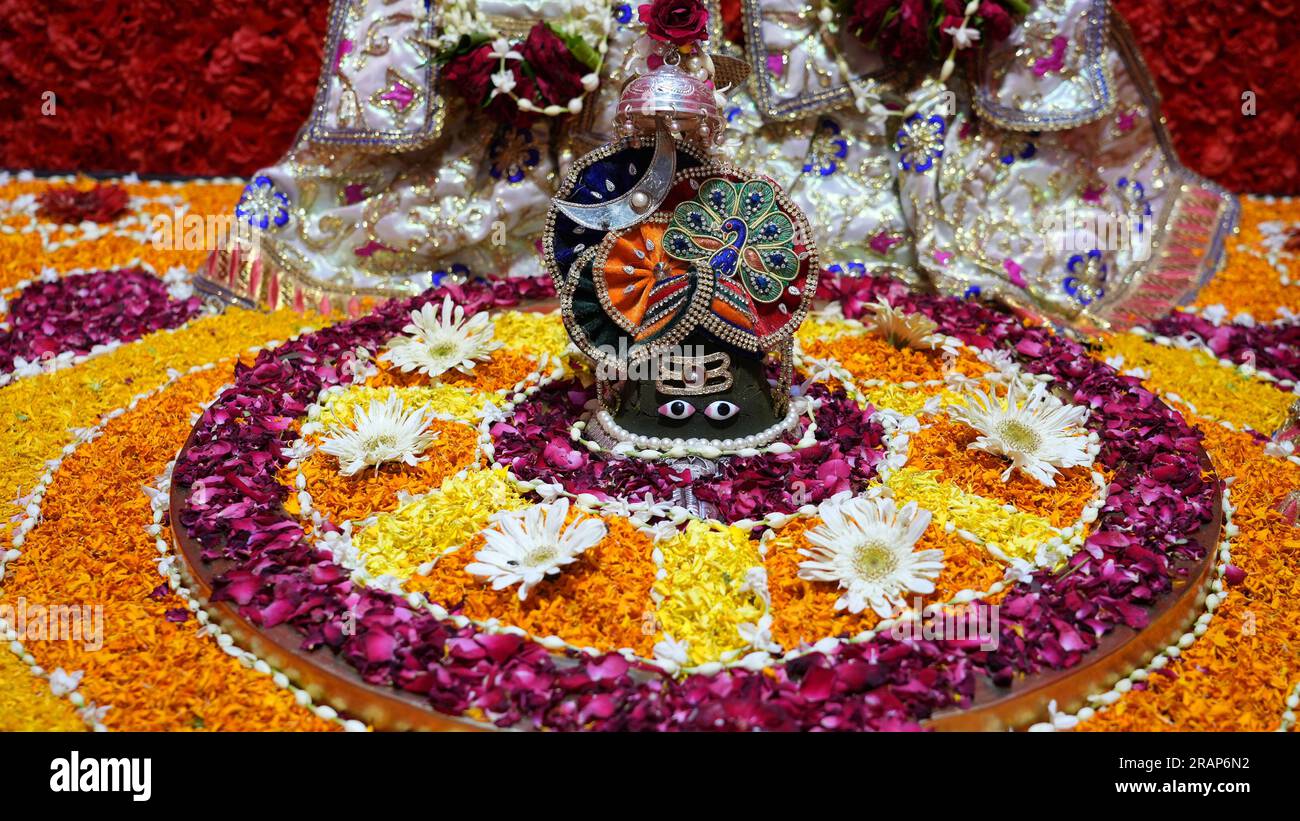 Beawar, Rajasthan, India, 3 luglio 2023: Una scultura in pietra di Lord Shiva decorata con fiori colorati in occasione di Guru Purnima e l'inizio del mese santo di Shravan al tempio Mahadev Chhatri a Beawar. Credito: Sumit Saraswat/Alamy Live News Foto Stock