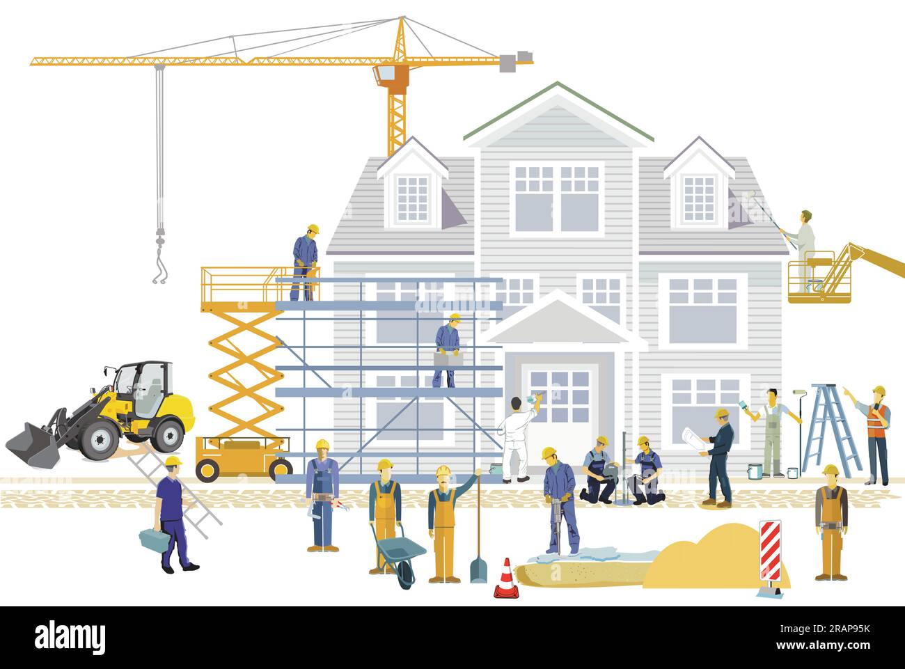 Cantiere di costruzione di casa con commercianti e macchinari di costruzione, illustrazione Illustrazione Vettoriale