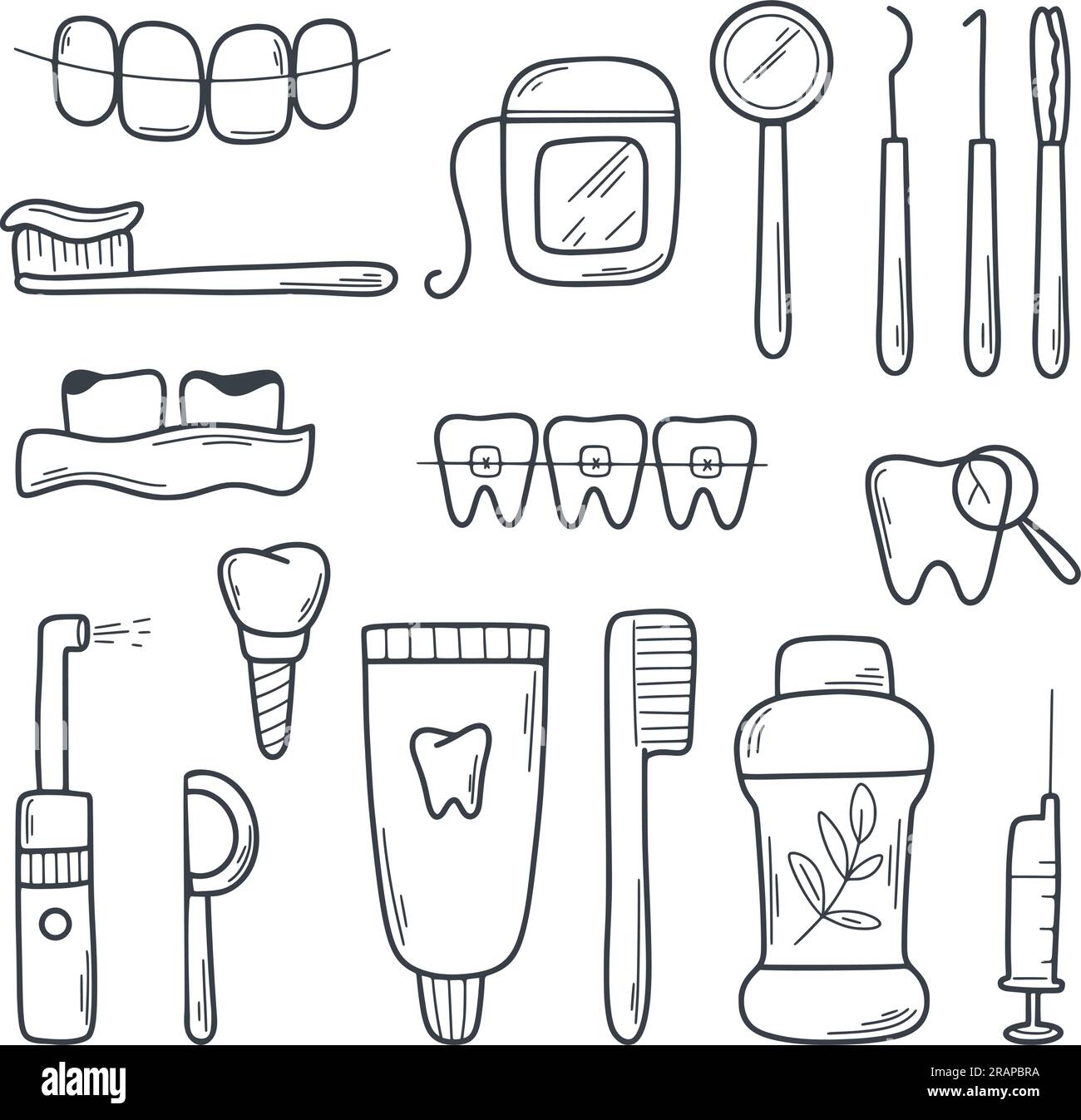 Icona Dodle Set per odontoiatria. Simboli di salute orale. Strumenti odontoiatrici, denti, prostene, prodotti per l'igiene, irrigatore, filo interdentale, impianto. Simbolo semplice Illustrazione Vettoriale