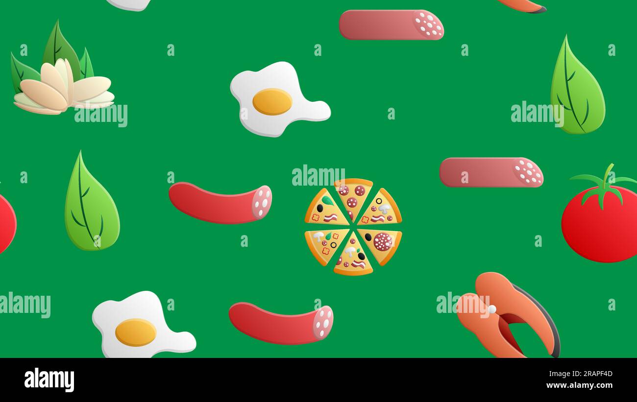 Infinito motivo verde senza cuciture da una serie di icone di cibi deliziosi e spuntini per un bar-caffetteria del ristorante: pizza, pistacchi, pesce, salame, toma Illustrazione Vettoriale