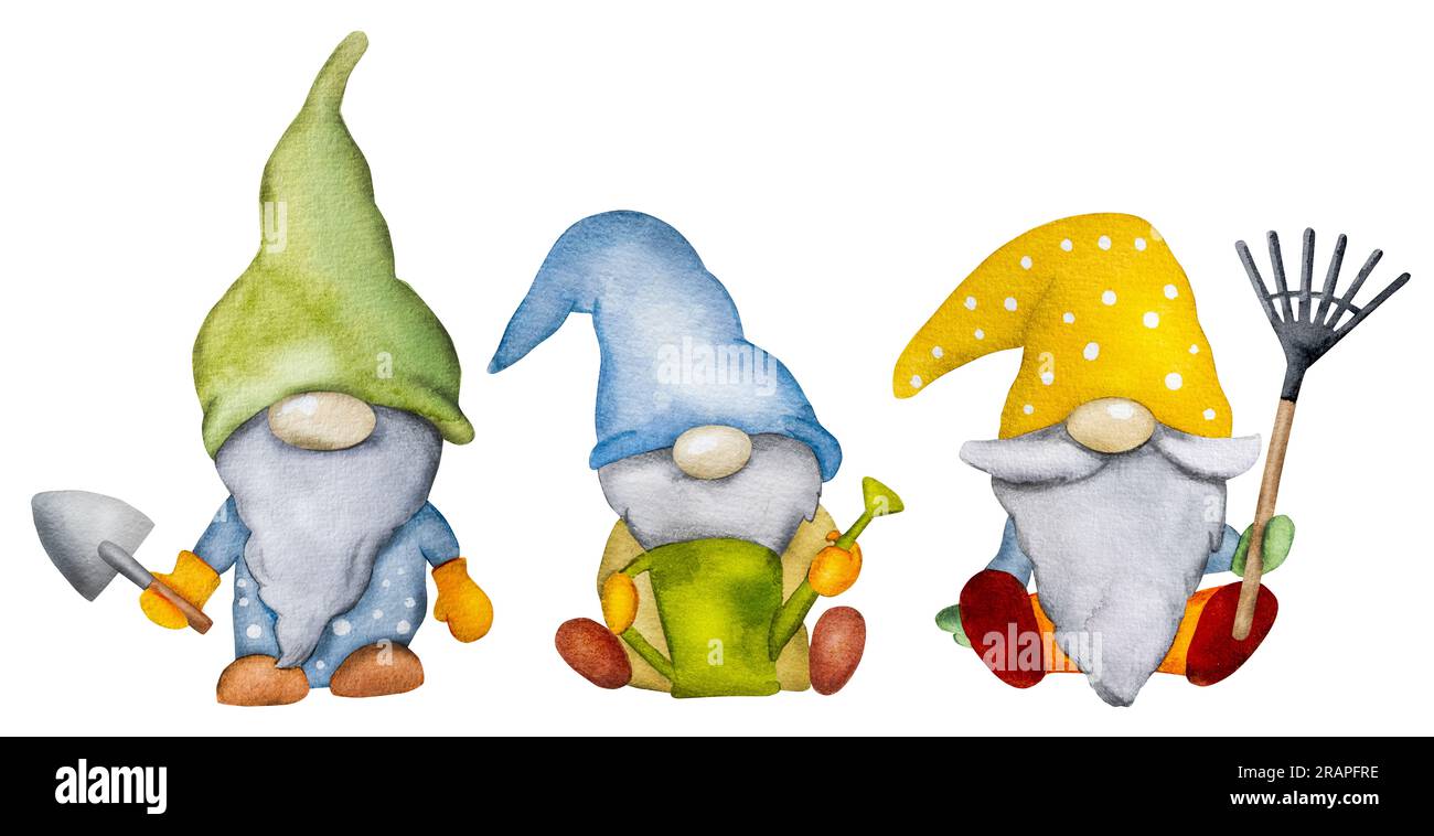 Graziosi nani GNOME con attrezzi da giardino all'acquerello autunnale. Gli elfi dei cartoni animati Aquarelle indossano cappelli Foto Stock