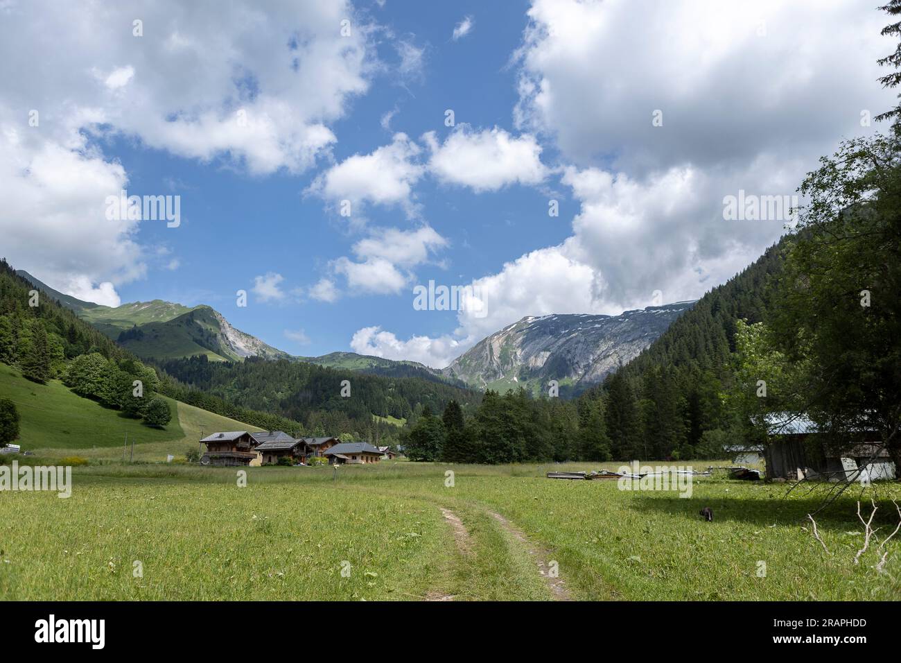 Un paio di autentiche case alpine nella valle della Morzine con la spettacolare natura della catena montuosa delle Alpi francesi durante l'estate contro il cielo blu con le nuvole Foto Stock