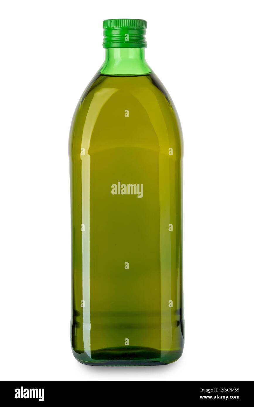 Olio extravergine di oliva in bottiglia di vetro verde isolato su bianco con percorso di taglio incluso Foto Stock