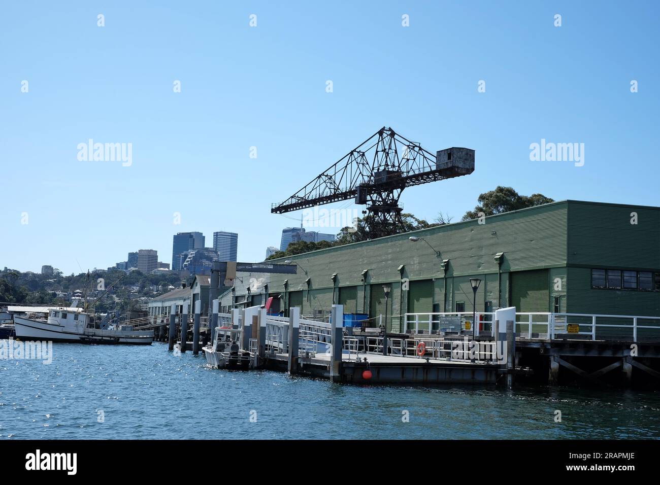 Gru e laboratori di ingegneria marina a Goat Island, visti dall'acqua nel porto di Sydney. Foto Stock