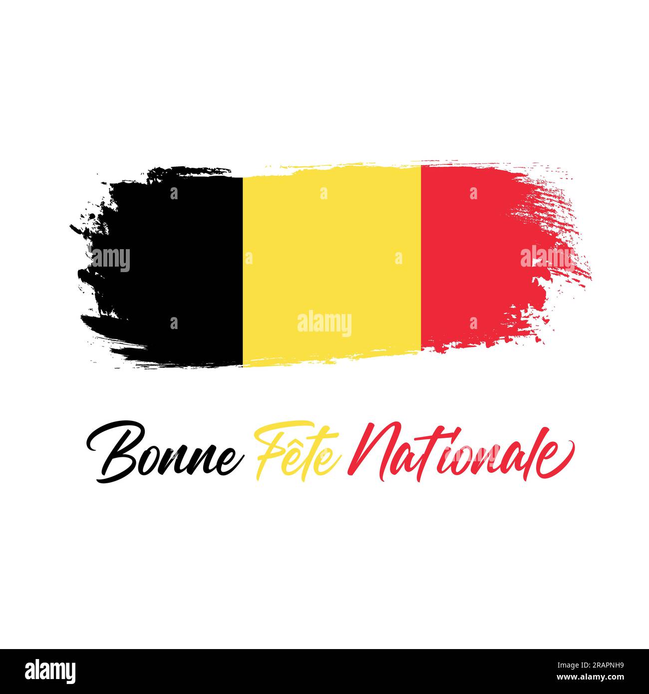 Logo creativo della bandiera belga. Bonne Fete Nationale testo francese - auguri per la festa nazionale. Grafica T-shirt, elementi di design regalo, pennellata Illustrazione Vettoriale