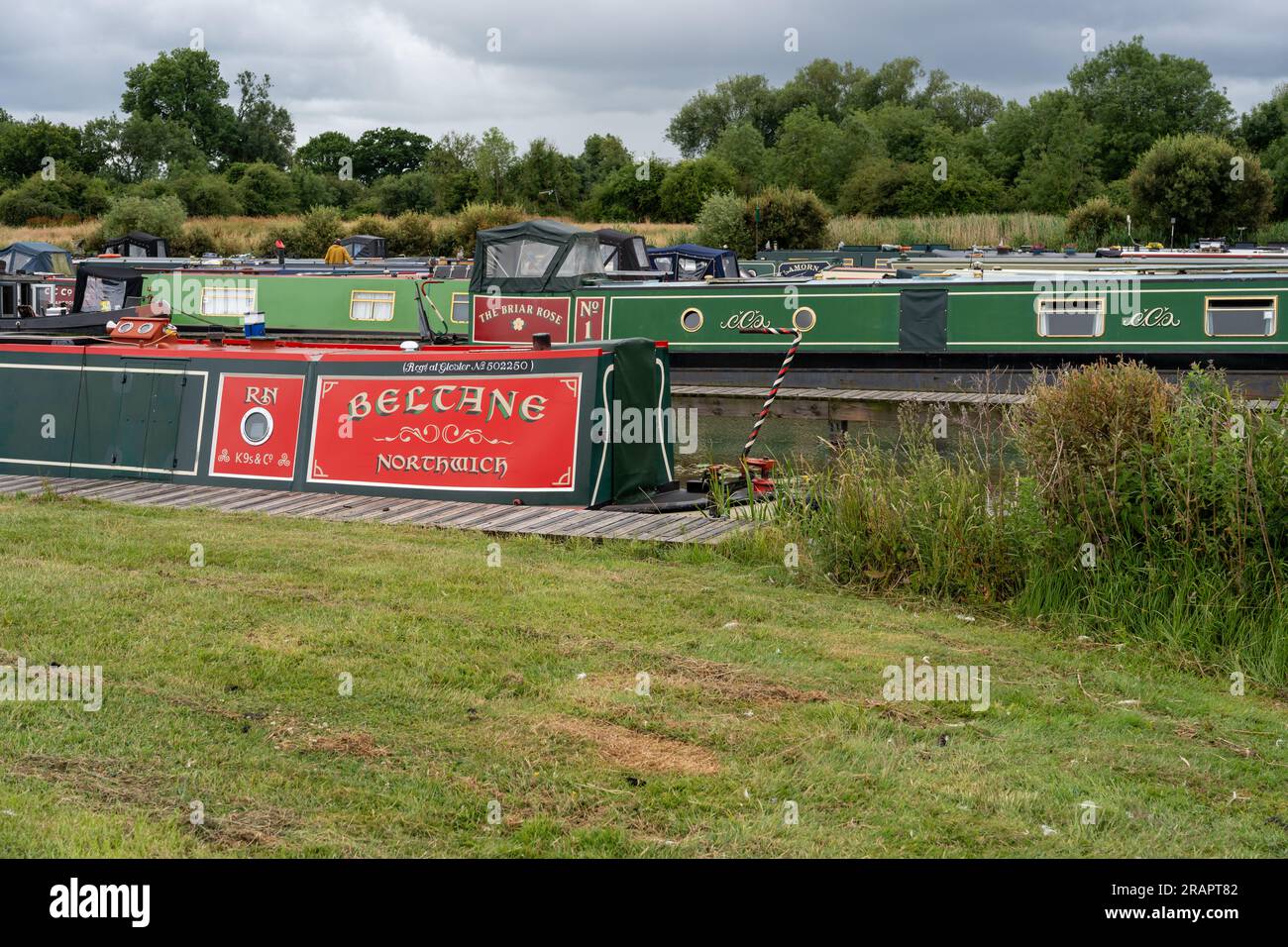 Barche a narrowboat a Oakwood Marina. Barche ormeggiate sui canali Trent e Mersey Canal, Northwich, Cheshire, Regno Unito. Foto Stock