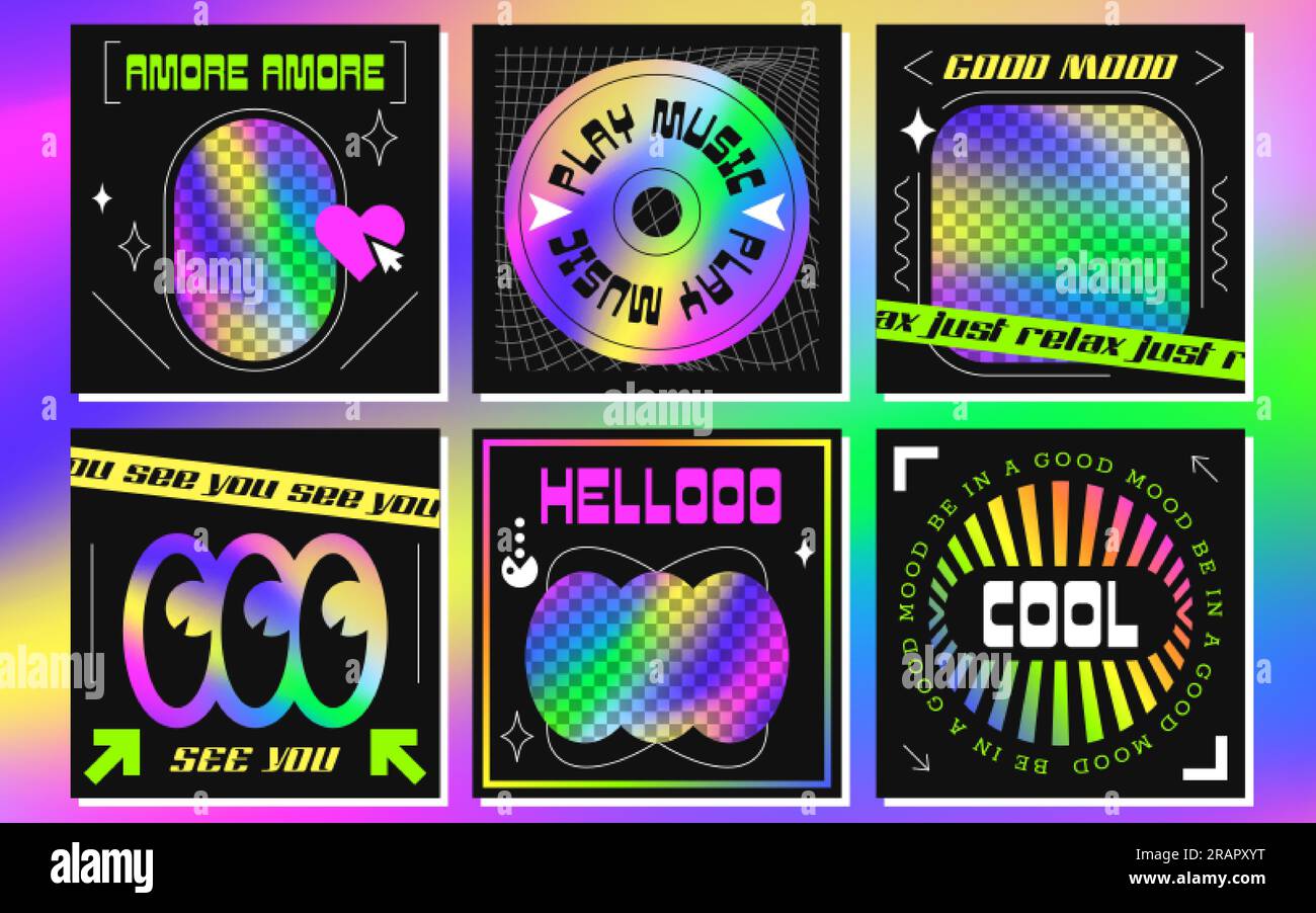 Modelli di post sui social media alla moda con forme geometriche astratte, etichette acide in stile y2k. Striscioni vintage con spazio per la copia al neon per foto o testo. Set di elementi e simboli olografici della scanalatura. Illustrazione Vettoriale