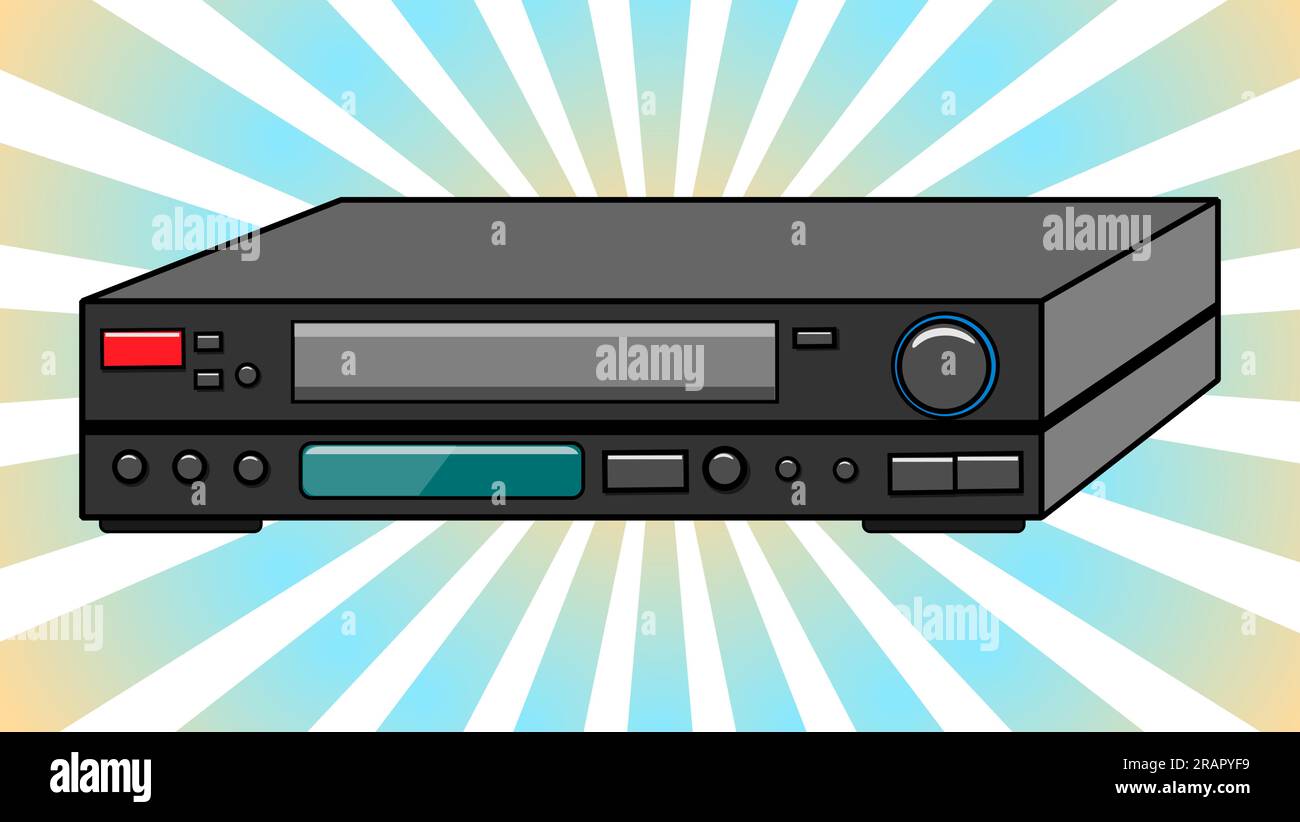 Vecchio videoregistratore vintage vintage vintage vintage per videocassette per la visione di film, video con molti pulsanti degli anni '80 e '90 su un bac Illustrazione Vettoriale