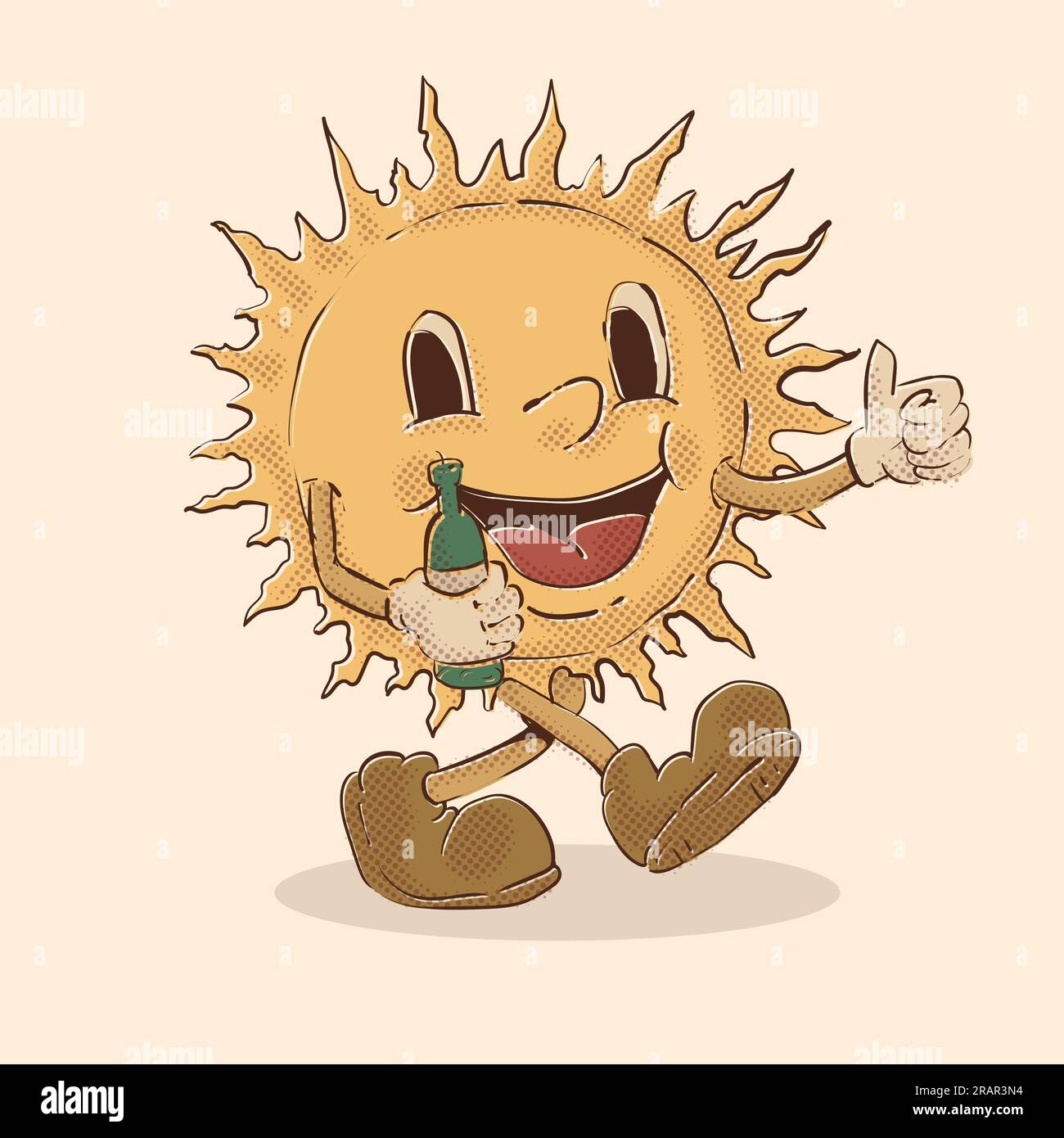 mascotte che si prende il sole tenendo la birra e i pollici in alto. atmosfere tropicali. illustrazione vettoriale della mascotte sun vintage Illustrazione Vettoriale