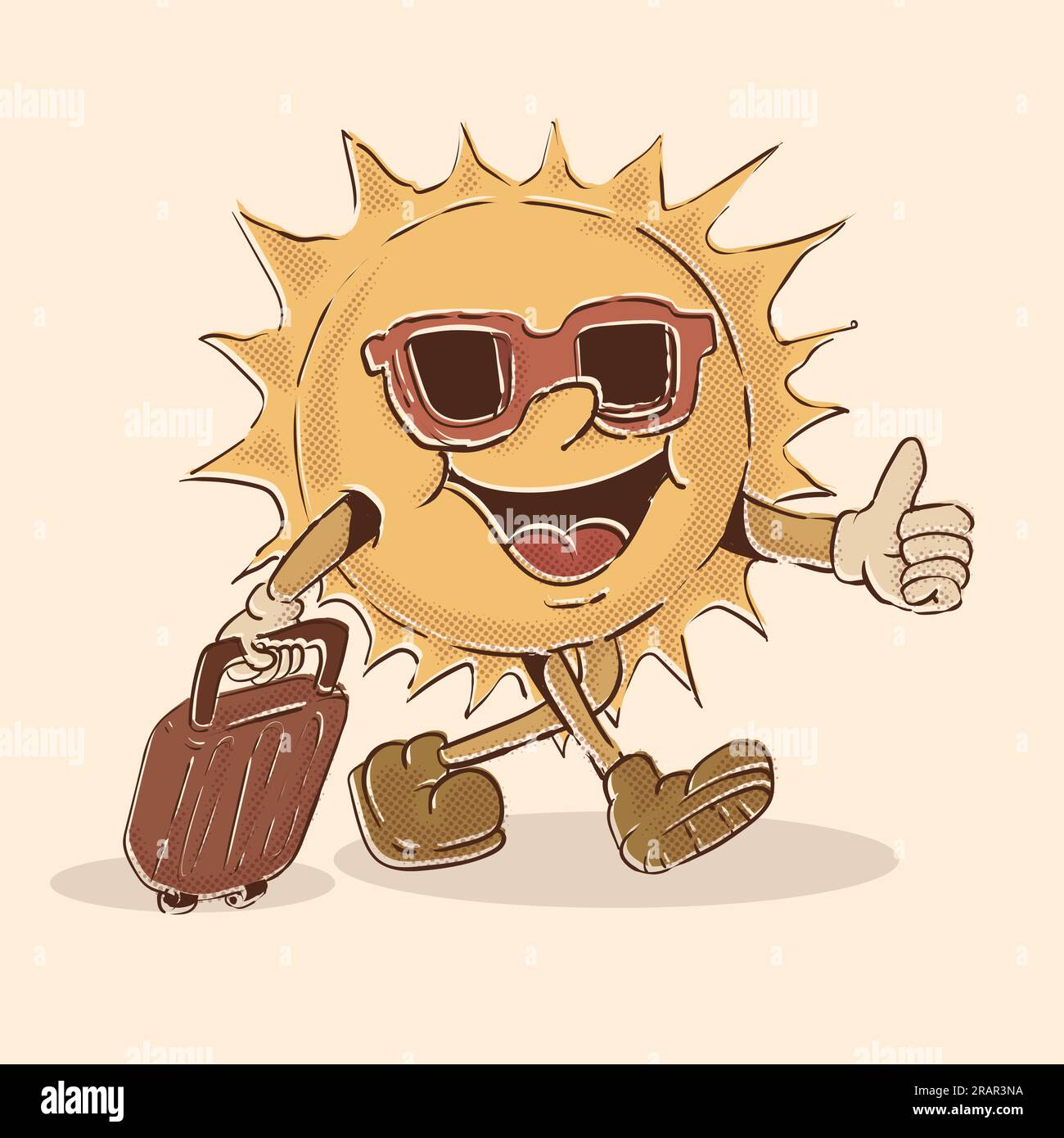 il sorriso del sole indossa vetro solare e valigia pronta per le vacanze. atmosfere tropicali. illustrazione vettoriale della mascotte sun vintage Illustrazione Vettoriale
