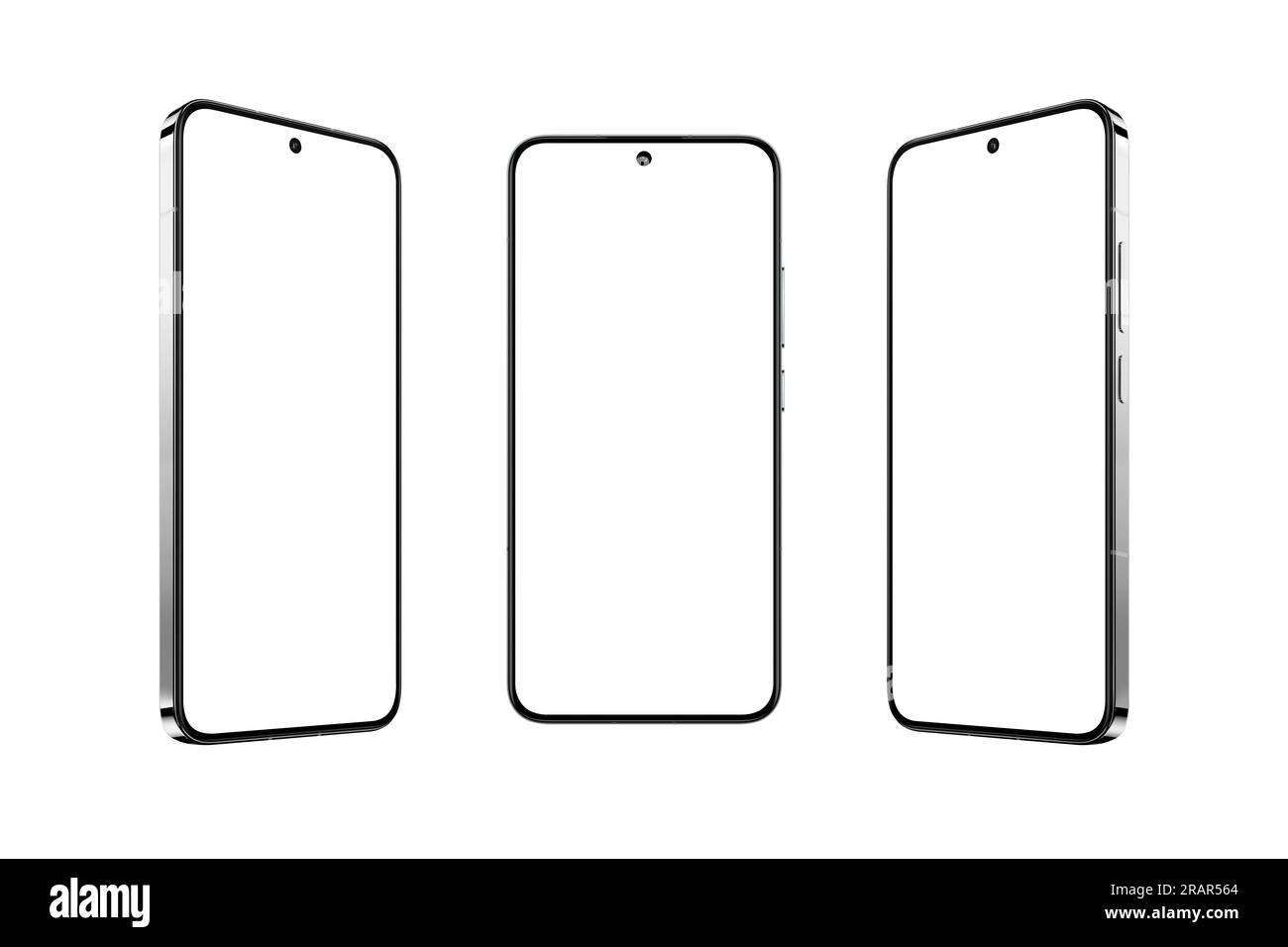 Smartphone Premium con display isolato in tre posizioni. Presentazione di contenuti digitali, app mobili, siti Web e acquisti online. Perfetto per la marca Foto Stock
