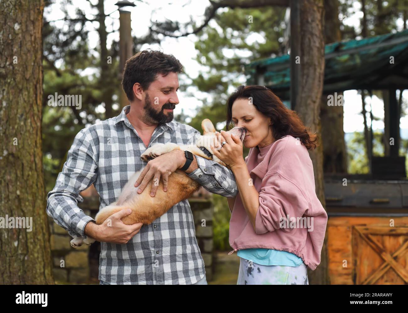 Uomo e donna dalla barba felici che tengono il loro cane corgi gallese e lo baciano Foto Stock